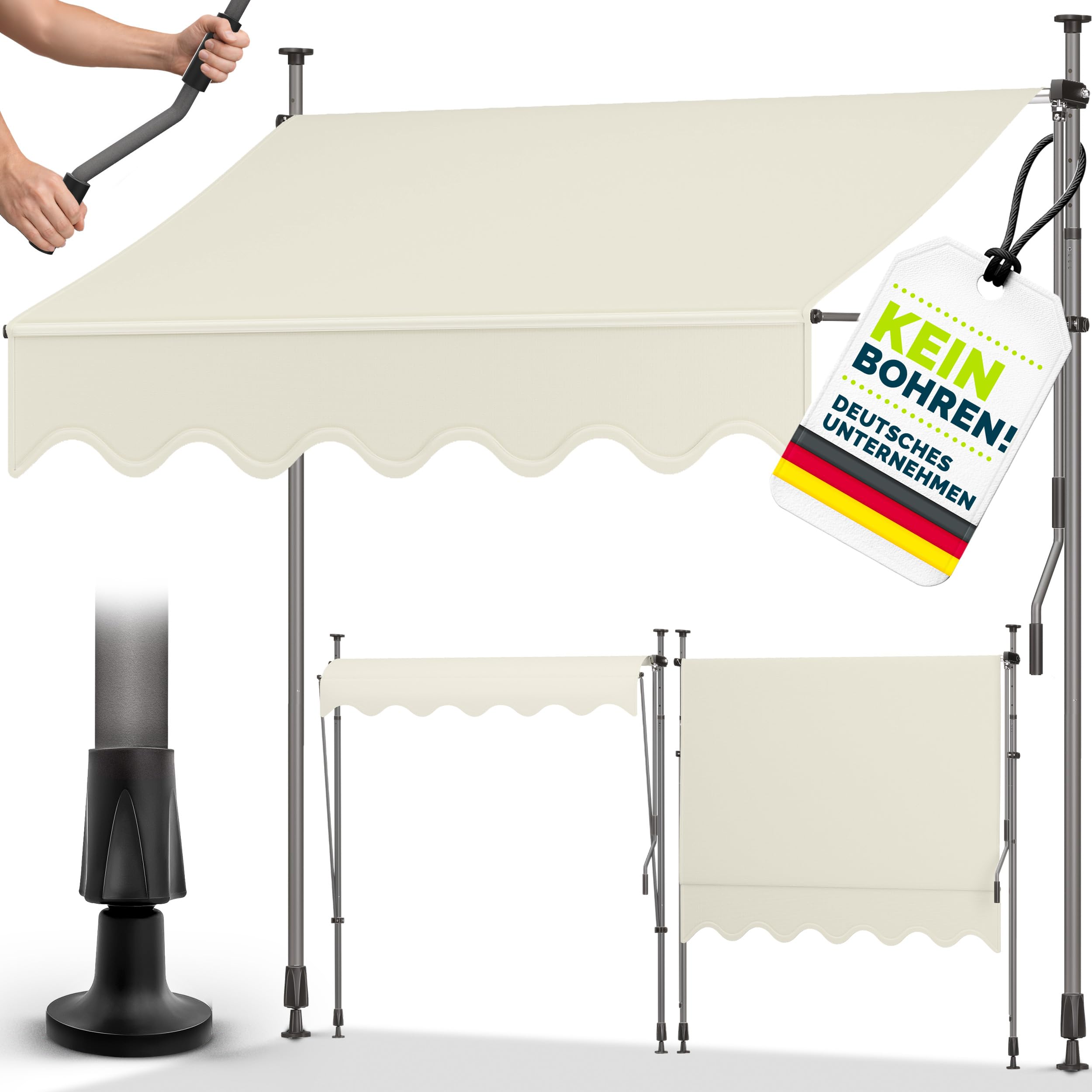tillvex Klemmmarkise 350cm breit mit Handkurbel | Balkonmarkise ohne Bohren
