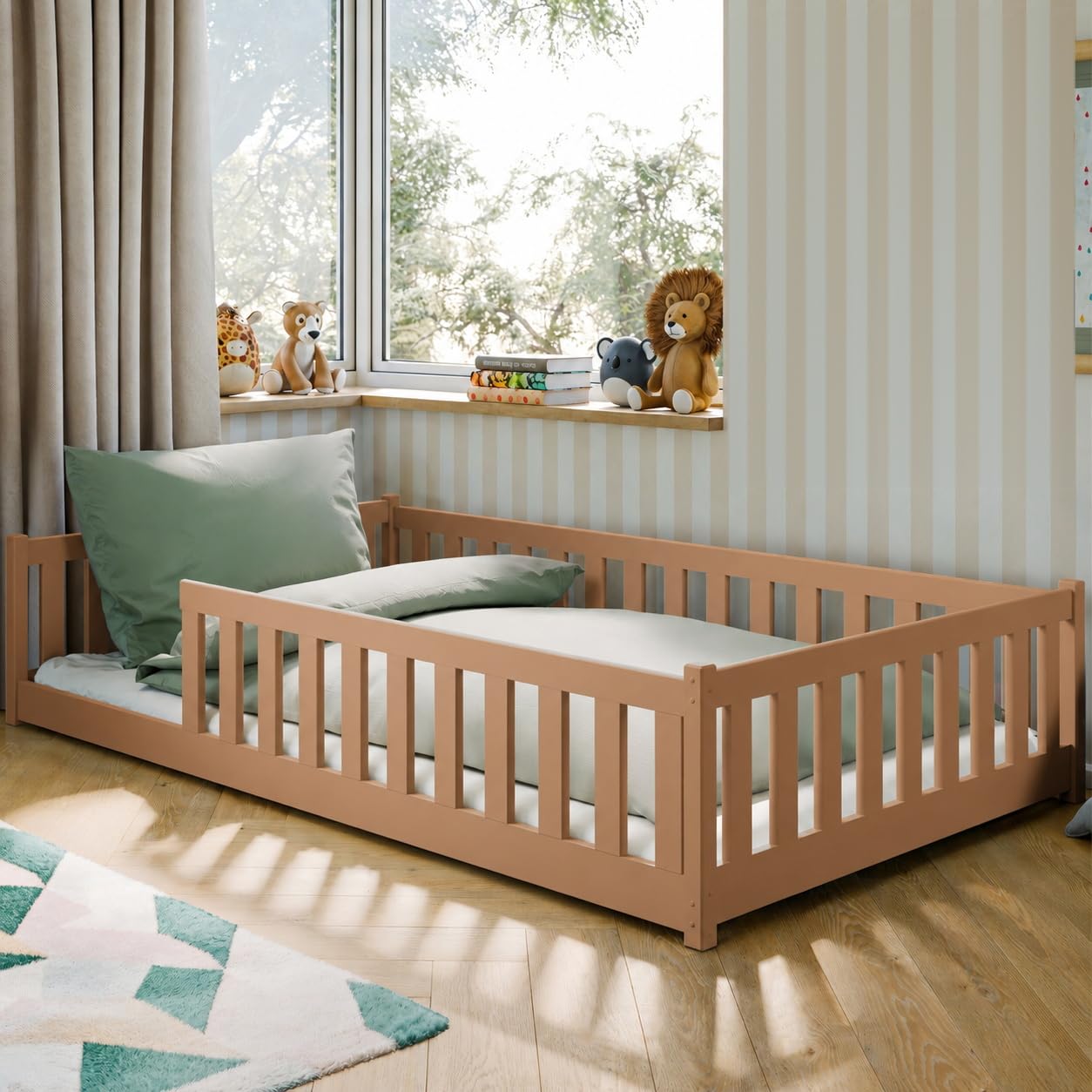 Kids Collective Kinderbett Bodenbett 120x200 cm Bett mit Rausfallschutz & Lattenrost Montessori Bett Bed Gitterbett Kinder Jugendbett Einzelbett | Natur Kiefer Holz massiv Junge Mädchen