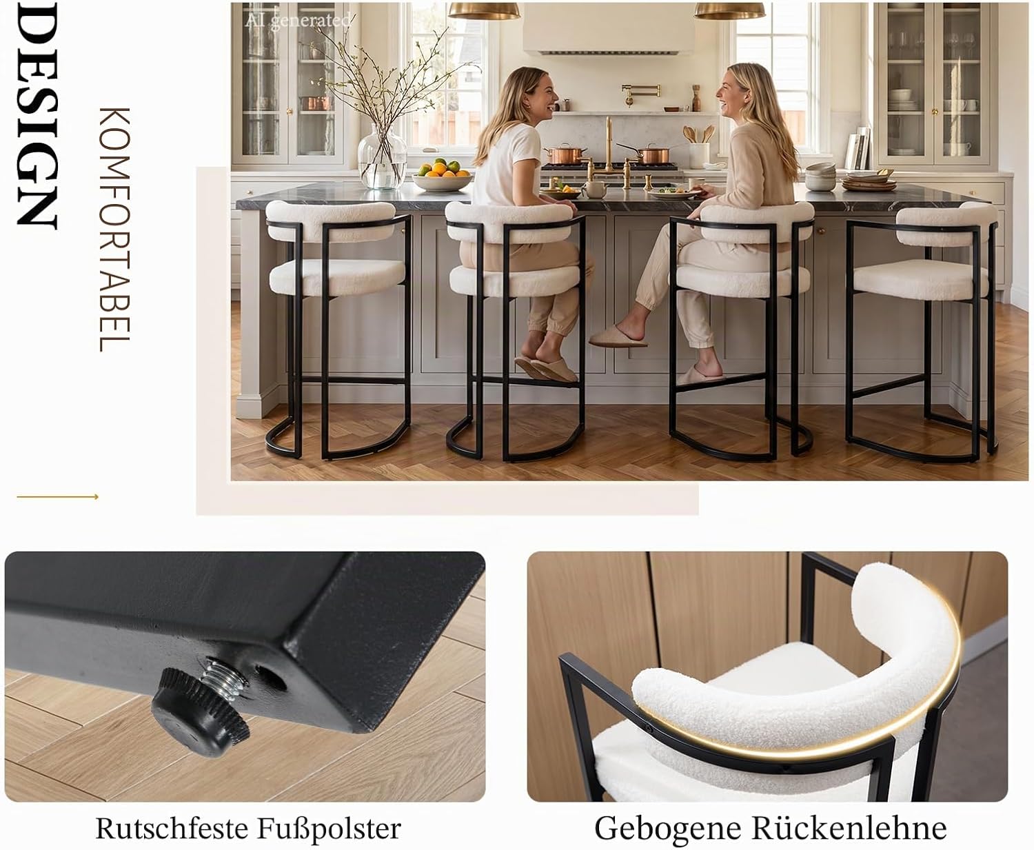 chairus Barhocker 2er Set mit Lehne Kunstfell bar Stool Tresenhocker Weiß