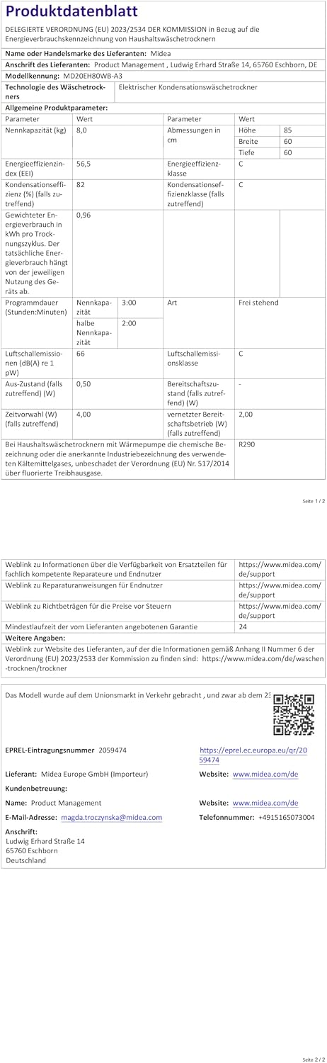 Midea Wärmepumpentrockner 8 kg Energieklasse C Fernsteuerung MD20EH80WB-A3