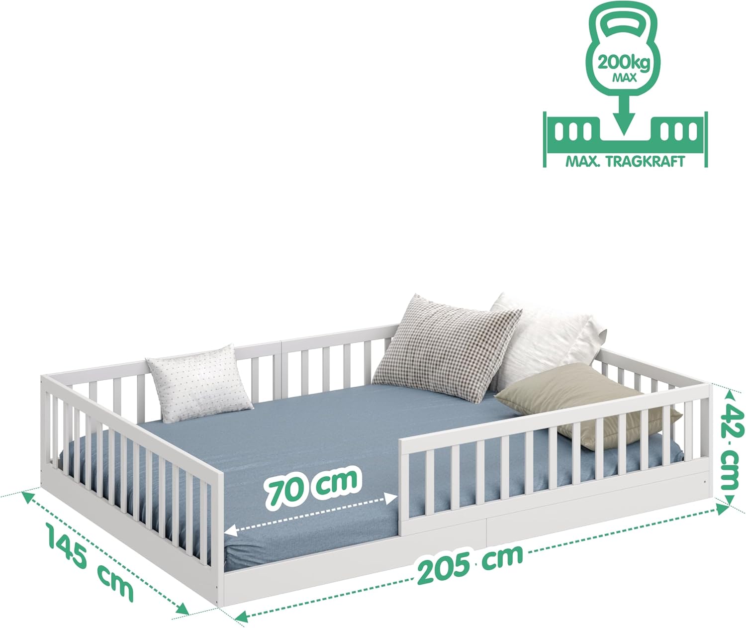 CADANI TIMI XL Bodenbett 140x200 Weiß, Rausfallschutz abnehmbar, bis 200 kg