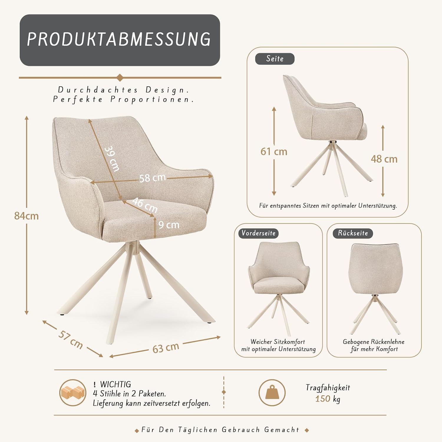 Esszimmerstühle Drehbar 4er Set mit Armlehne, gepolsterte Esszimmerstuhl mit hoher Rückenlehne für Esszimmer & Wohnzimmer, Büro, Beige1