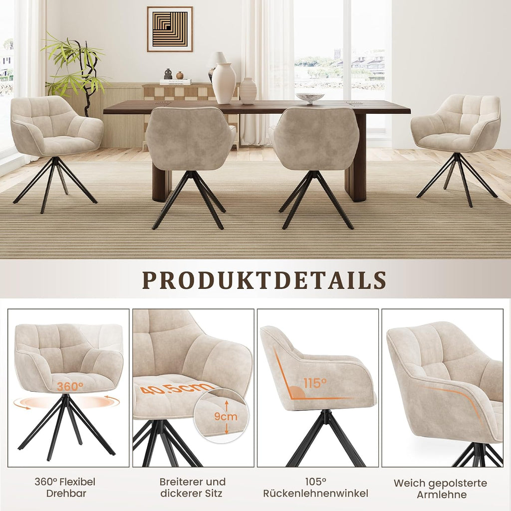 COLAMY Drehstühle für Esszimmer, 2er Set, Drehbare Polsterstühle mit Armlehnen und Rückenlehne, Bequeme Küchenstühle für Wohnzimmer & Essbereich, Beige