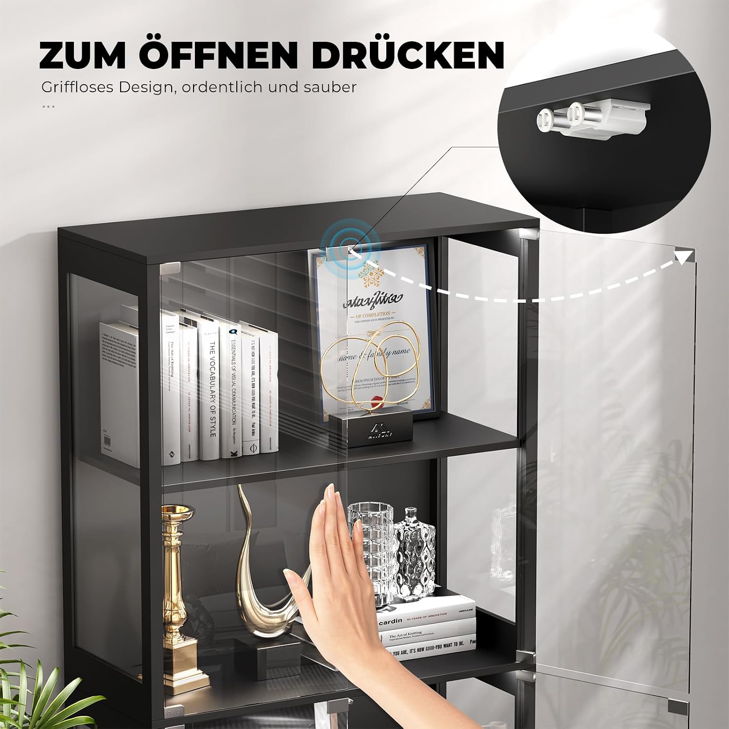 BROTTAR Beleuchtete Glasvitrine mit LED Sensor, moderner Vitrinenschrank & Standvitrine, 4 Etagen Sicherheitsglas Vitrine für Lego, Figuren und Sammlungen, Schwarz
