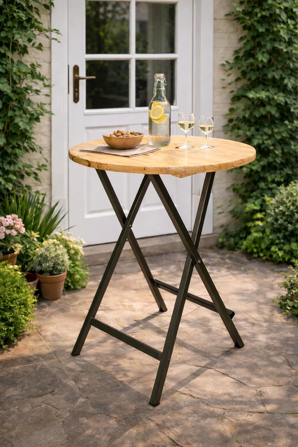 DEGAMO Stehtisch ZÜRICH 78cm rund, Stahlgestell grau + Holzplatte, klar lackiert, klappbar