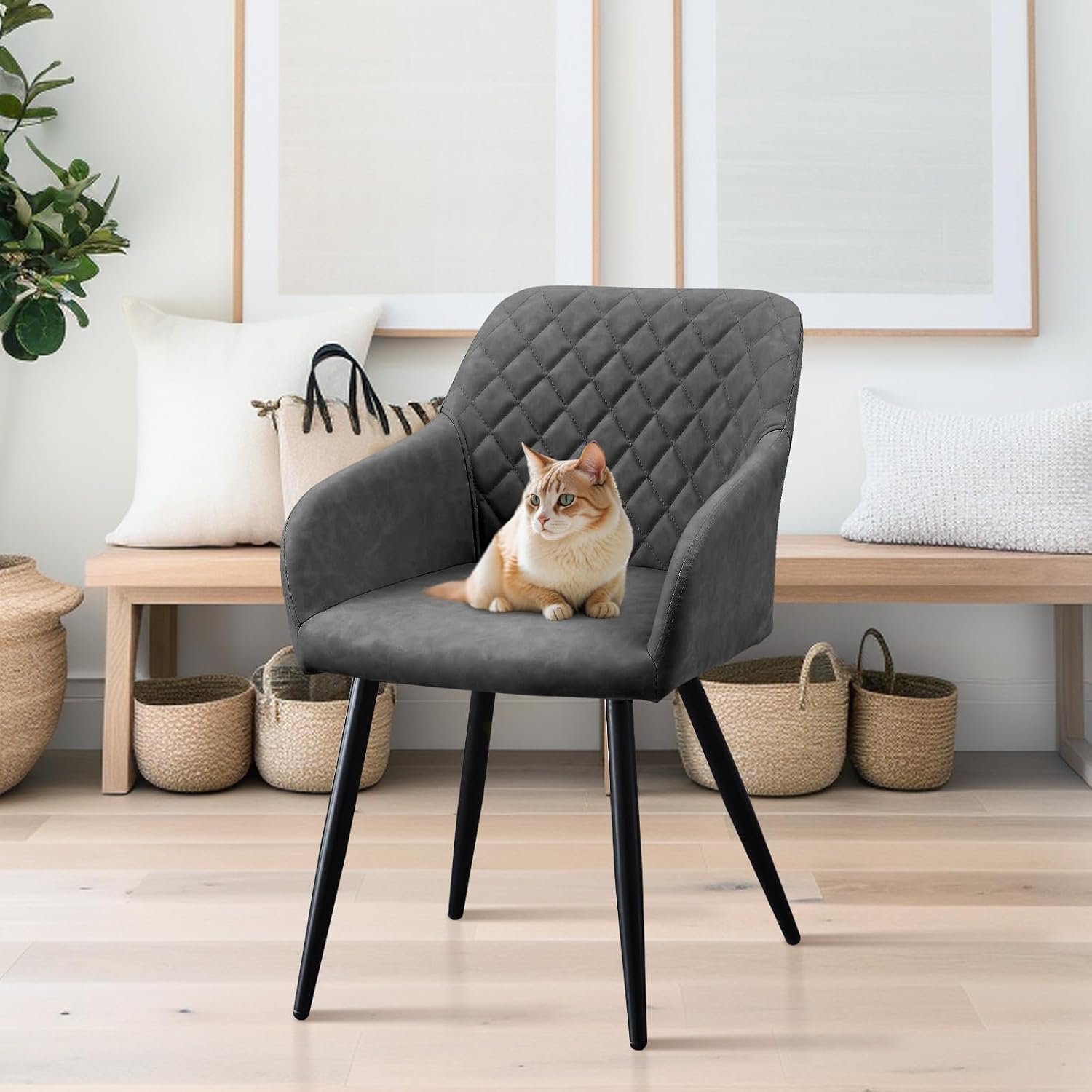 CLIPOP Esszimmerstühle 4er Set, Küchenstühle Grau Kunstlederstoff stühle Polsterstühle mit Armlehne Metallbeine Polstersessel Stühle für Esszimmer Küche (4, Kunstleder Grau)