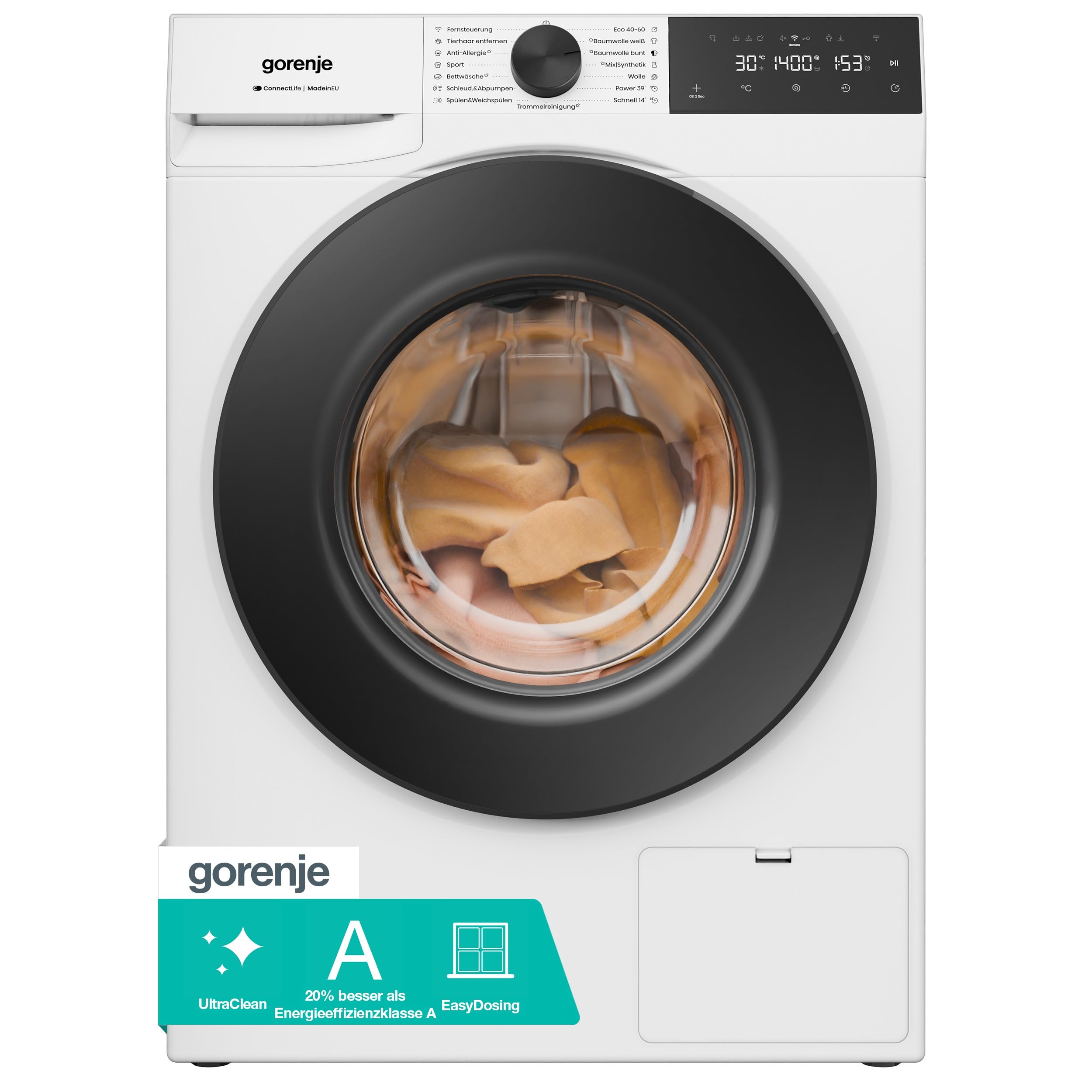 Gorenje WGAM474A Waschmaschine mit Dampffunktion /7 KG /1400 U-Min/ConnectLife /15 Programme/UltraClean/EasyDosing/SteamTech/Inverter PowerDrive /20% besser als Energieeffizienzklasse A/Weiß