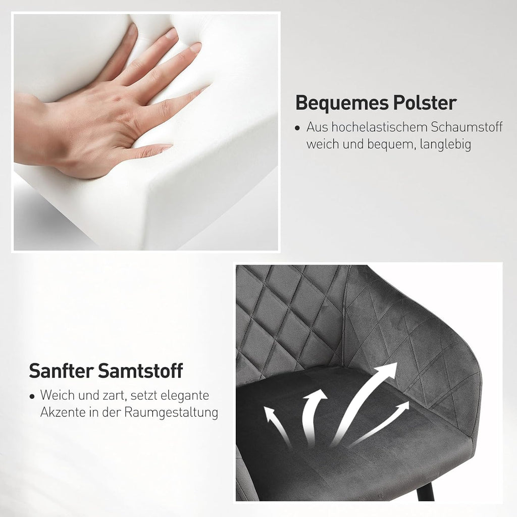 CLIPOP Esszimmerstühle 2er Set, Küchenstühle Grau Samtstoff stühle Polsterstühle mit Armlehne Metallbeine Polstersessel Stühle für Esszimmer Küche (2, Samt Grau)