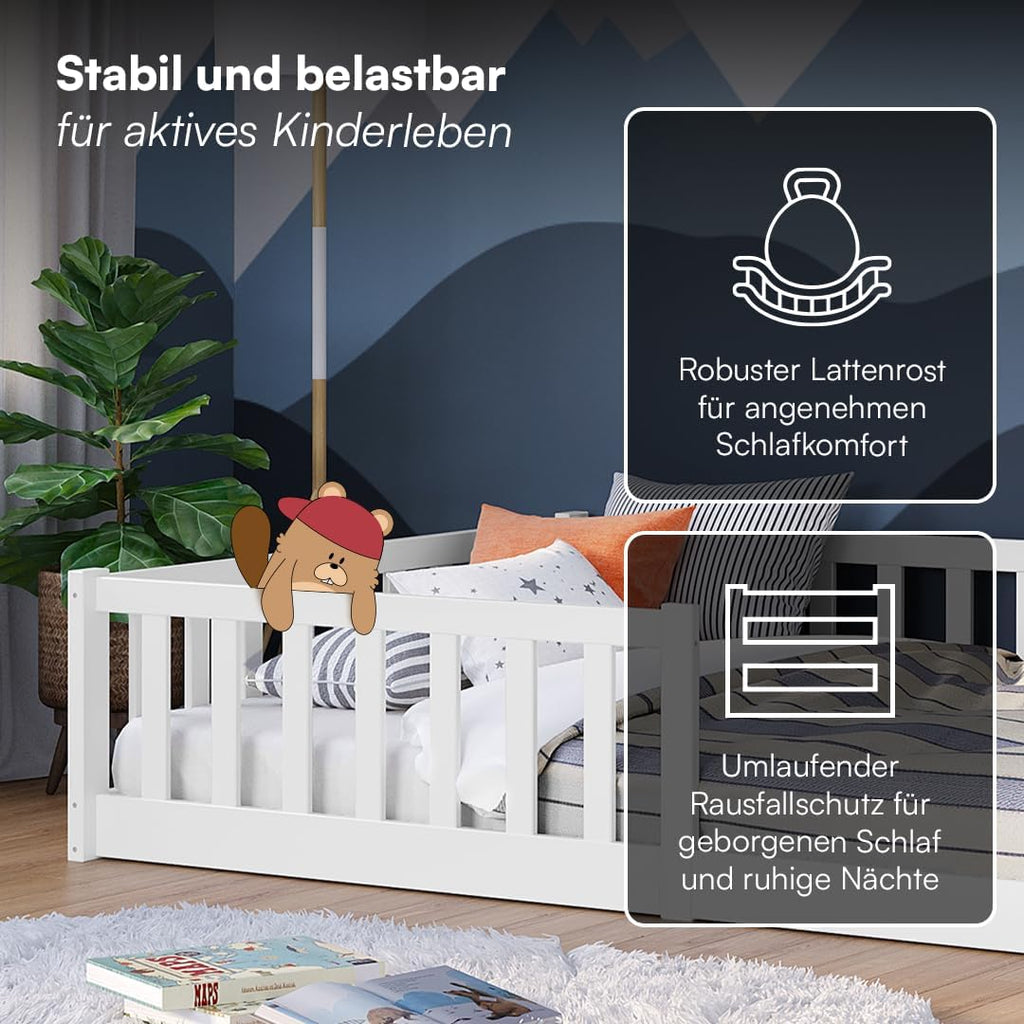 Bellabino Vere Bodenbett 120x200 cm, Massivholz Kiefer, Kleinkindbett, Weiß