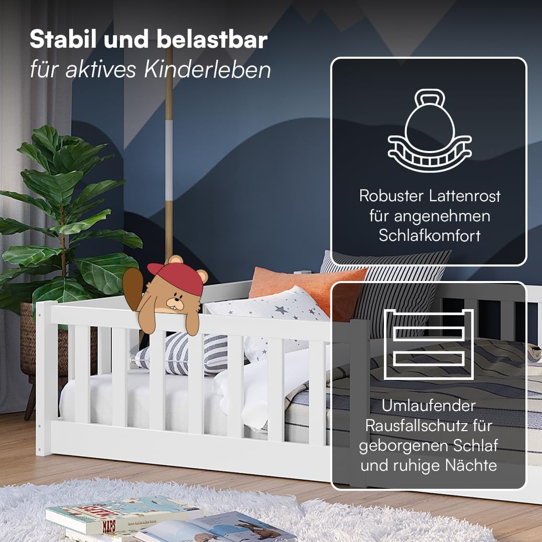 Bellabino Vere Bodenbett 120x200 cm, Massivholz Kiefer, Kleinkindbett, Weiß