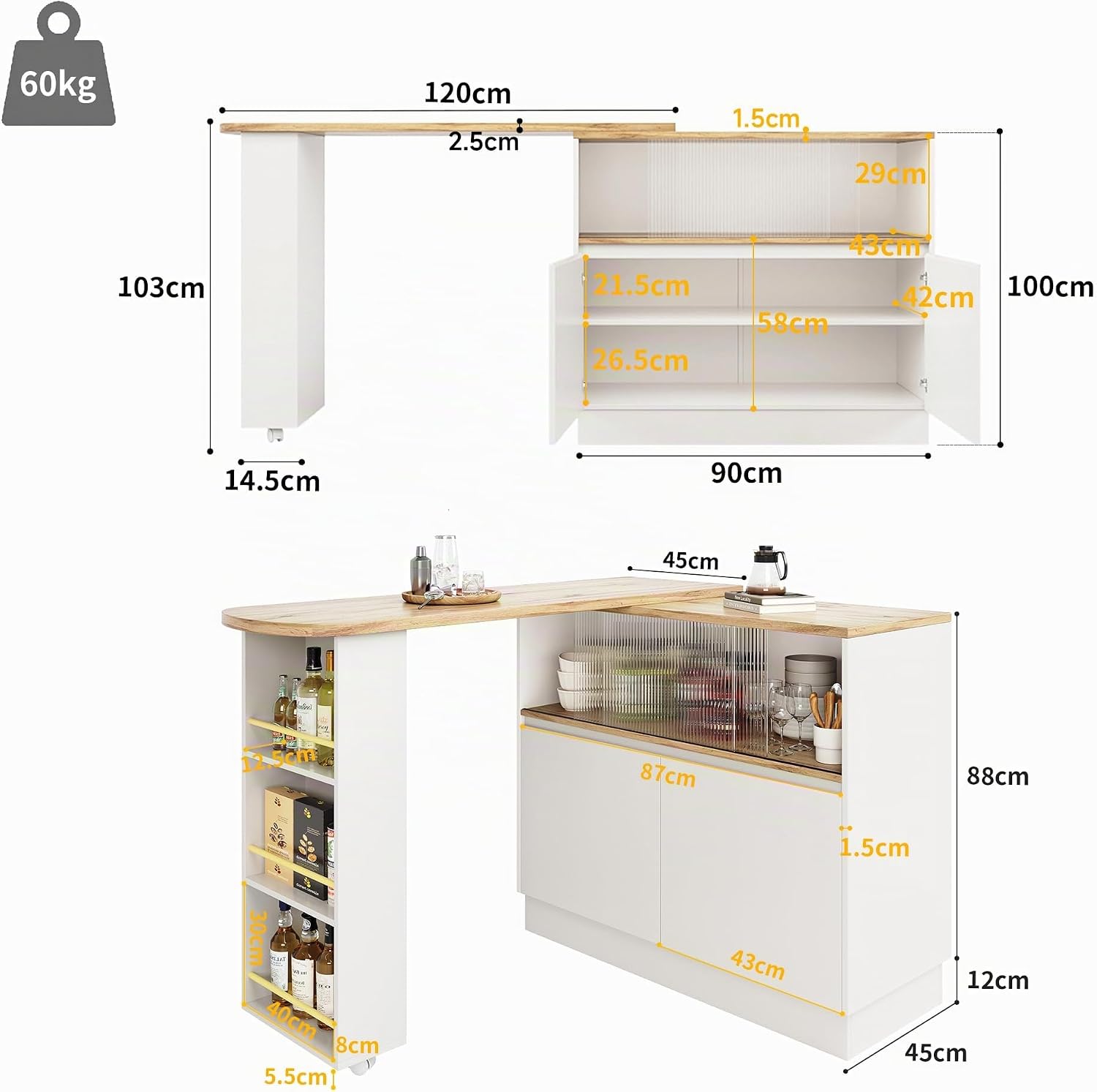 Merax Ausziehbarer Bartisch mit Stauraum, 360° drehbarer Beweglicher Bartisch Küchentheke Kücheninsel Kaffeeecke, mit Offene Ablagefächer, Glasschiebetür, Weiß/120-180 x 45 x 103 cm