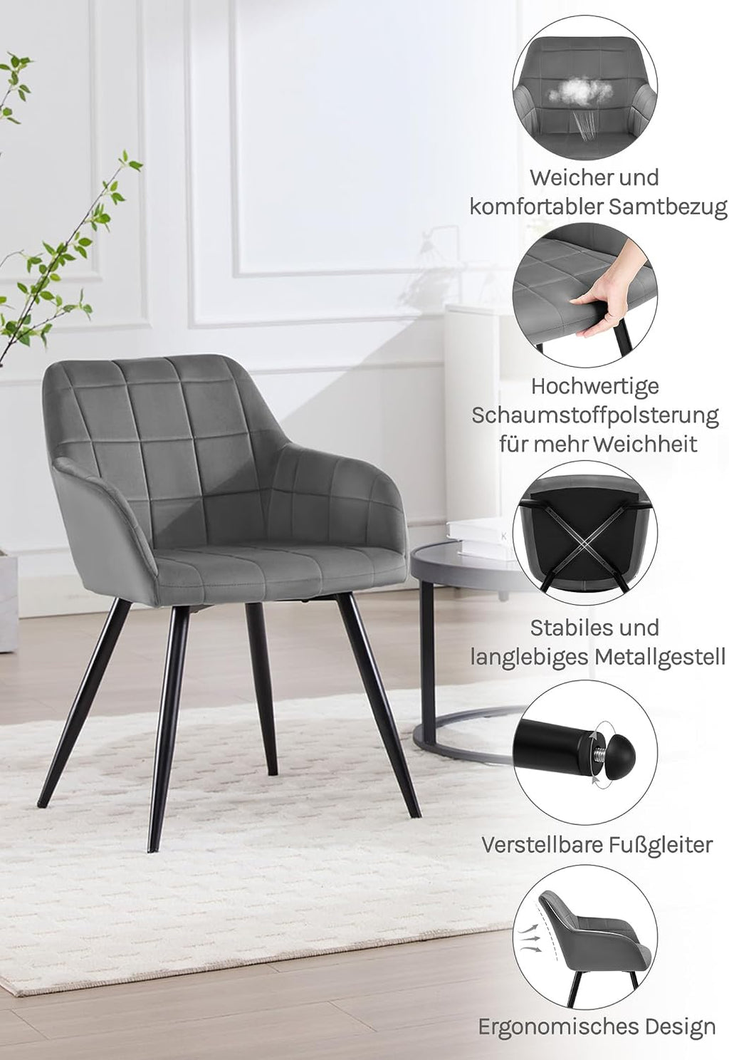 WOLTU Esszimmerstühle 2er Set Küchenstuhl Polsterstuhl Wohnzimmerstuhl mit Armlehnen, Sitzfläche aus Samt, Metallbeine, Dunkelgrau