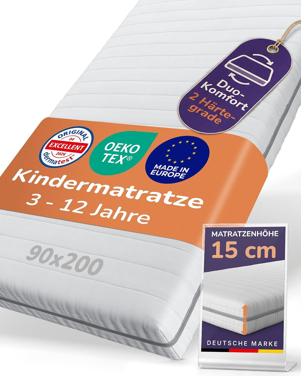 Sun Garden Kindermatratze 90x200 cm, 3-12 Jahre, 15 cm Komfortschaum RG28