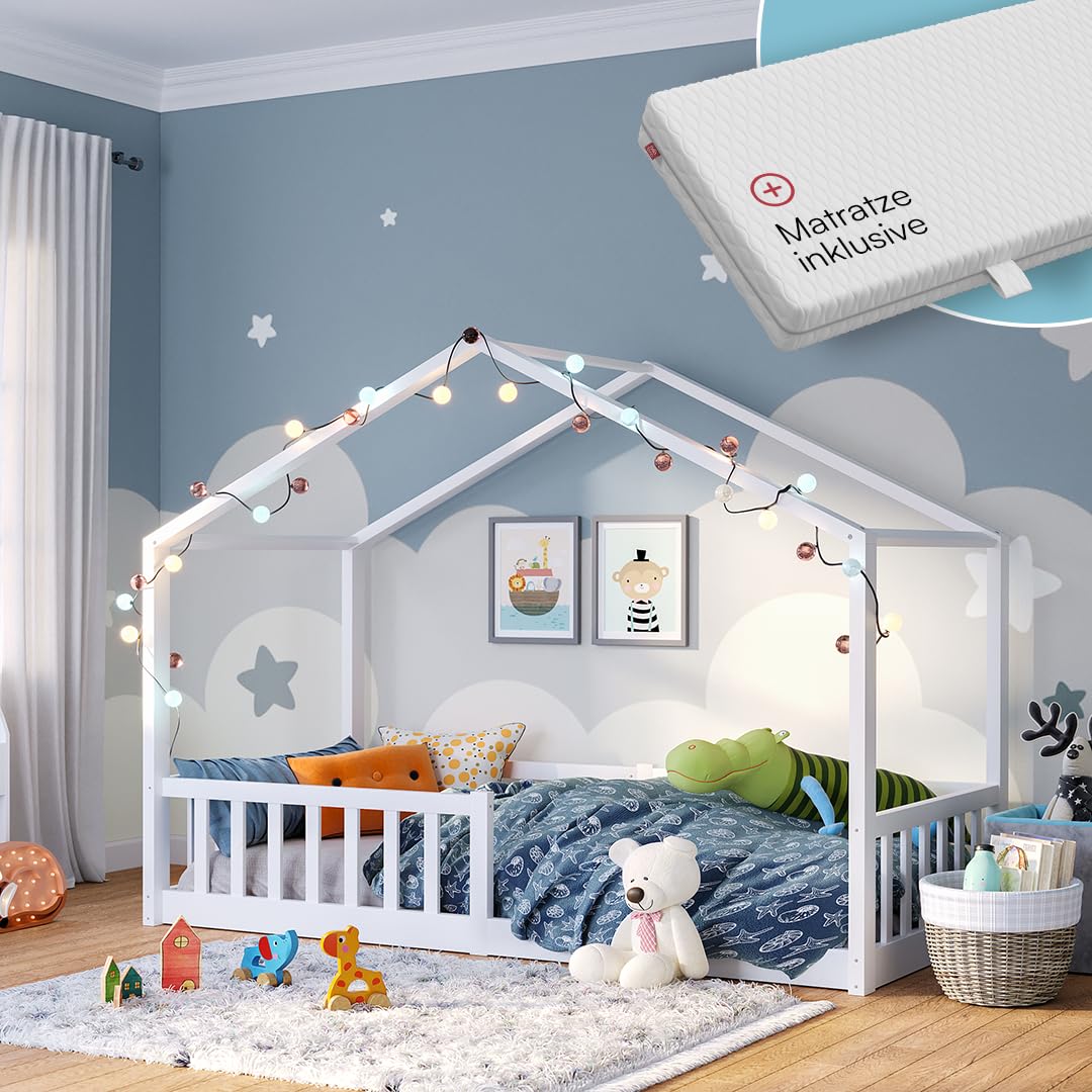 Bellabino Bia Kinderbett 120x200 cm, Bodenbett, Weiß, mit Rausfallschutz