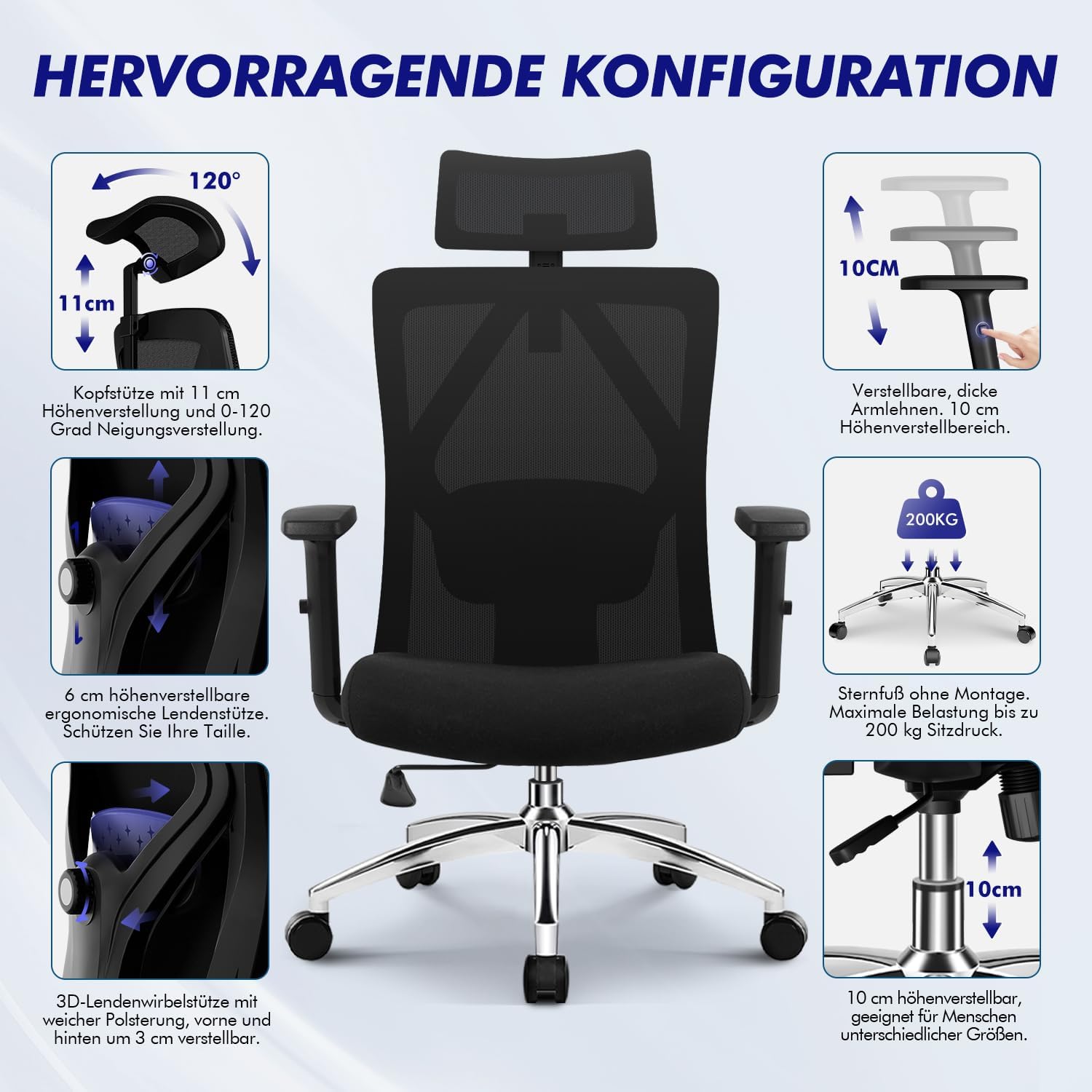 Daccormax Bürostuhl, Bürostuhl Ergonomisch Schreibtischstuhl mit Verstellbaren Armlehnen, Kopfstütze und weiche Lendenstütze aus Naturschwamm, Chefsessel Drehstuhl Wippfunktion 200kg, Schwarz