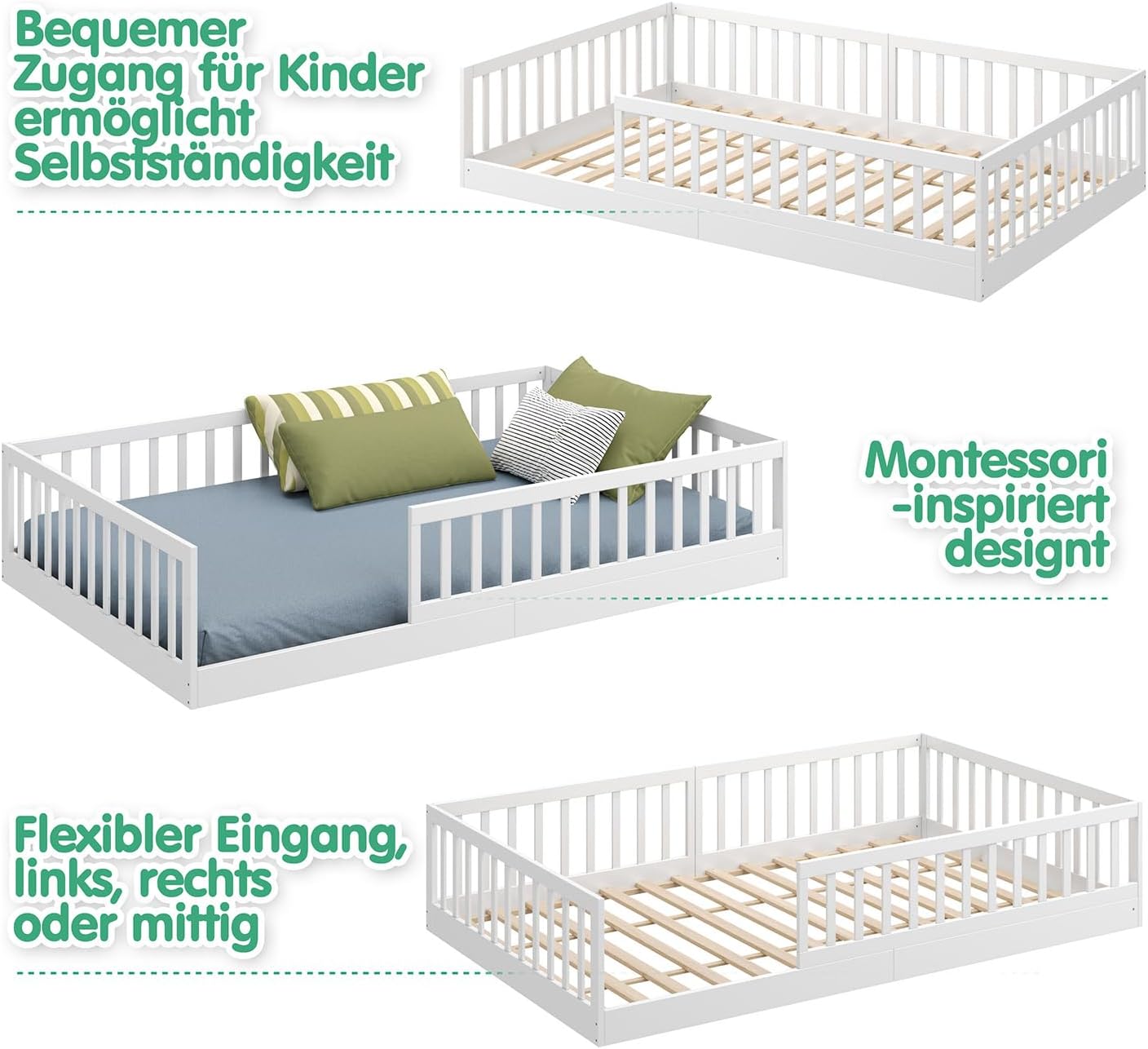 CADANI TIMI XL Bodenbett 120x200 Weiß, Rausfallschutz abnehmbar, bis 200 kg