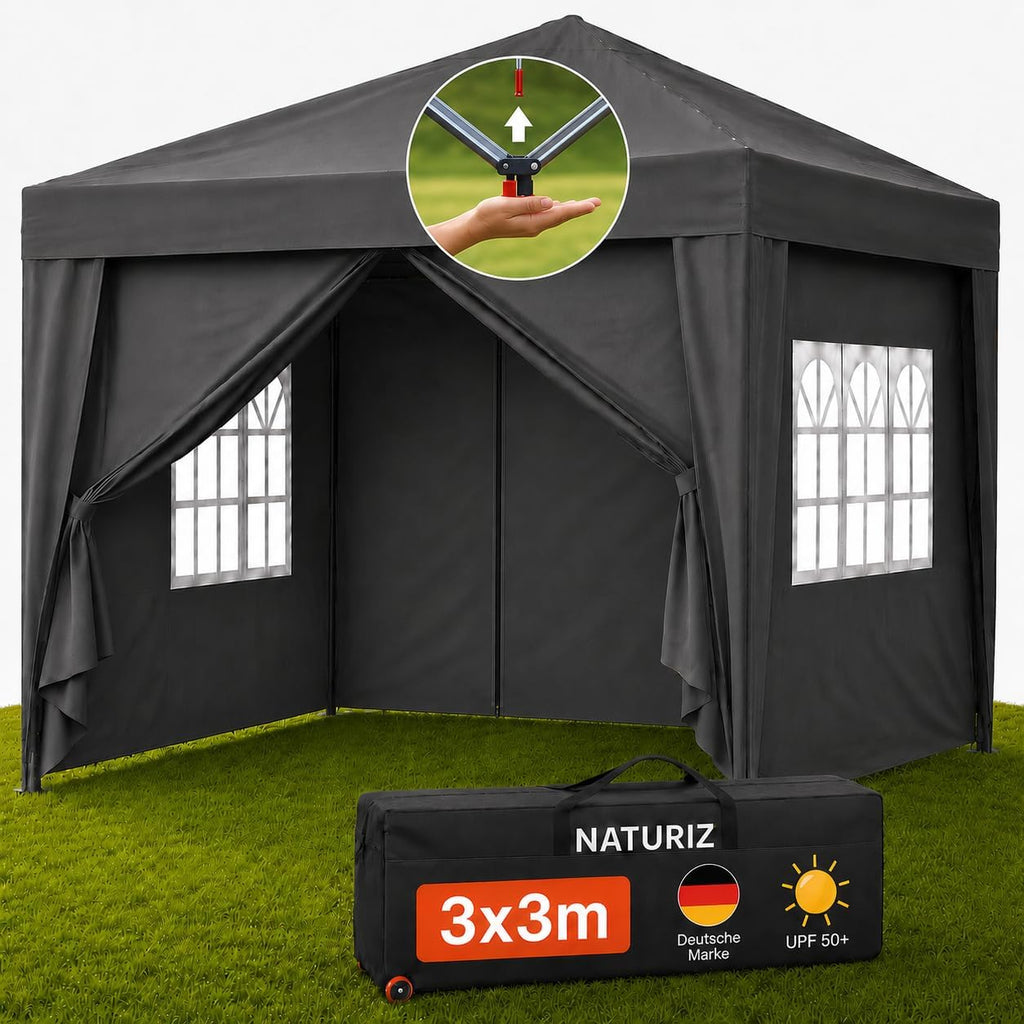 NATURIZ® Pavillon 3x3 Wasserdicht Stabil und UV 50+ Schutz - Faltpavillon mit Seitenwänden - Pop Up Zelt für Garten, Camping, Marktstand & Partyzelt, Gartenpavillon, Gartenzelt, Festzelt (Grau)
