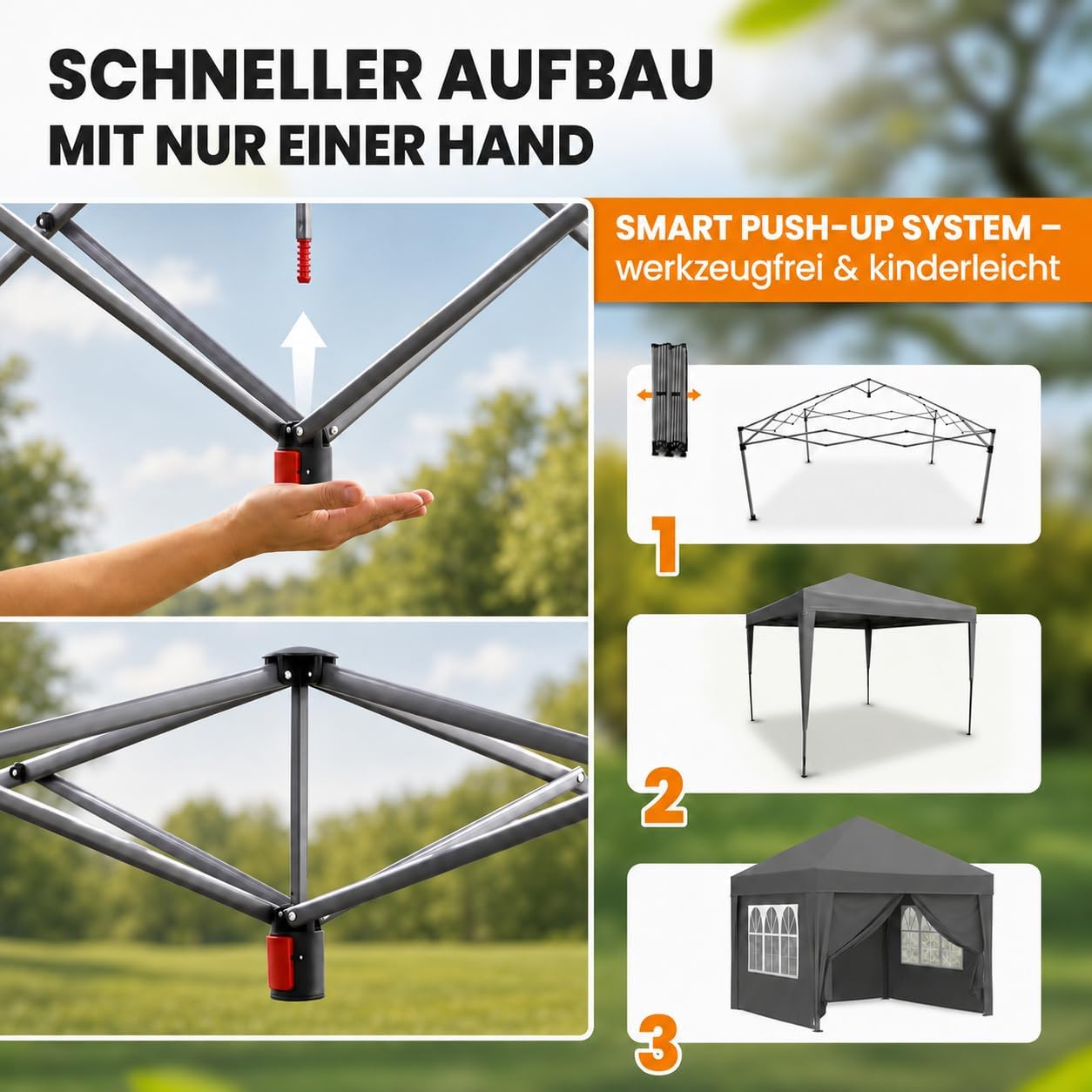 NATURIZ® Pavillon 3x3 Wasserdicht Stabil und UV 50+ Schutz - Faltpavillon mit Seitenwänden - Pop Up Zelt für Garten, Camping, Marktstand & Partyzelt, Gartenpavillon, Gartenzelt, Festzelt (Grau)