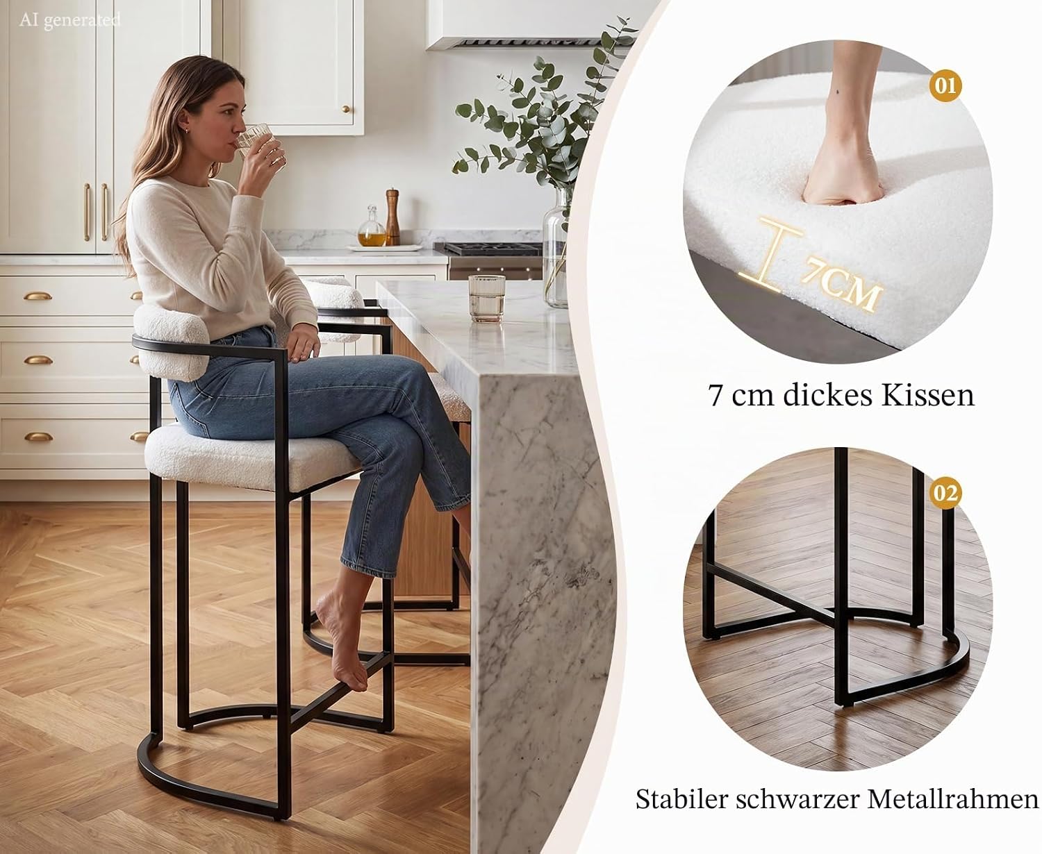 chairus Barhocker 2er Set mit Lehne Kunstfell bar Stool Tresenhocker Weiß