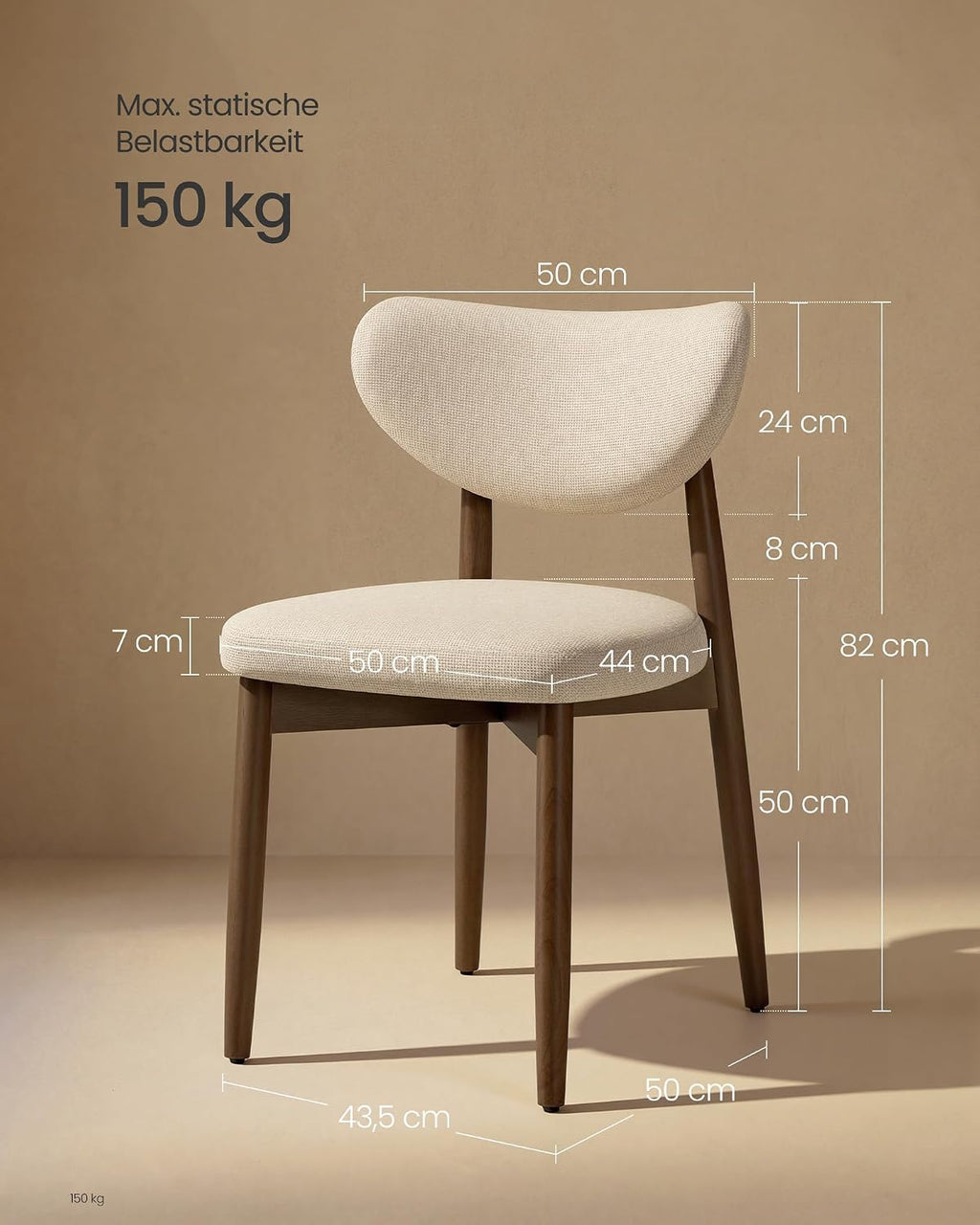 VASAGLE Esszimmerstuhl 4er Set, Küchenstuhl, Polsterstuhl mit Massivholzbeinen, ergonomische Rückenlehne, Aussparung als Griff, Mid-Century-Modern-Stil, Küche, cappuccinobeige KDC668L101-2J