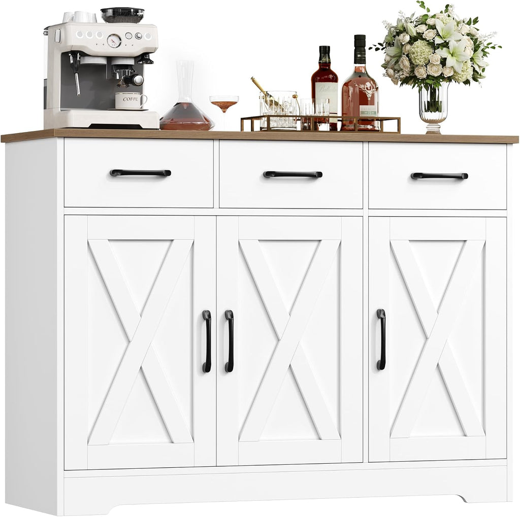 HOCSOK Sideboard, Küchenschrank mit Verstellbaren Ablagen, Weiß & Braun