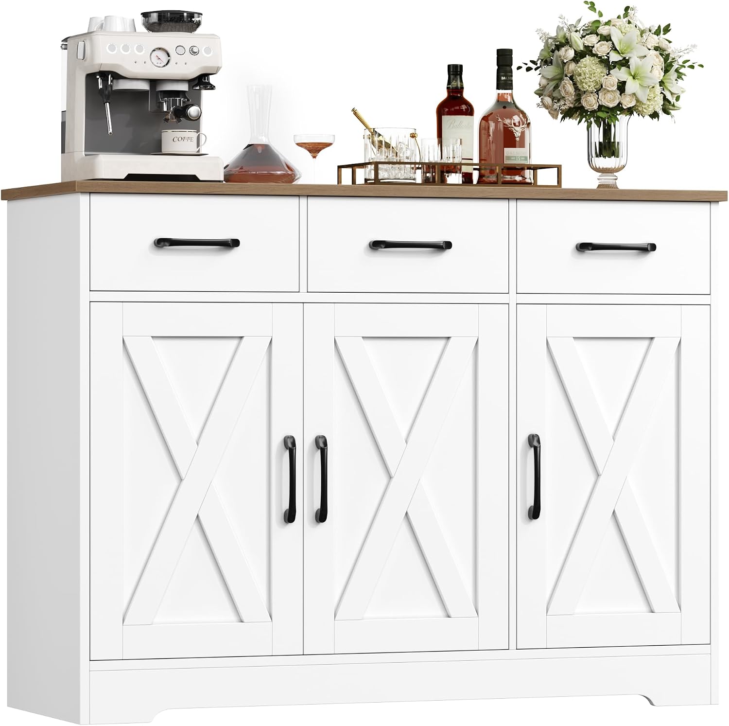 HOCSOK Sideboard, Küchenschrank mit Verstellbaren Ablagen, Weiß & Braun