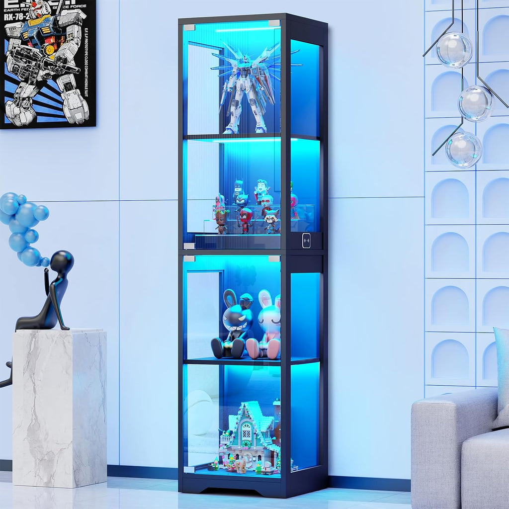 BROTTAR Glasvitrine mit Dreifarbig LED Beleuchtung und Glastüren, Glasvitrine Stehend mit Körpersensor-System, Sammlervitrine für Wohnzimmer, Büro, Bücher, Spielzimmer, Schwarz (40 x 35 x 160cm)