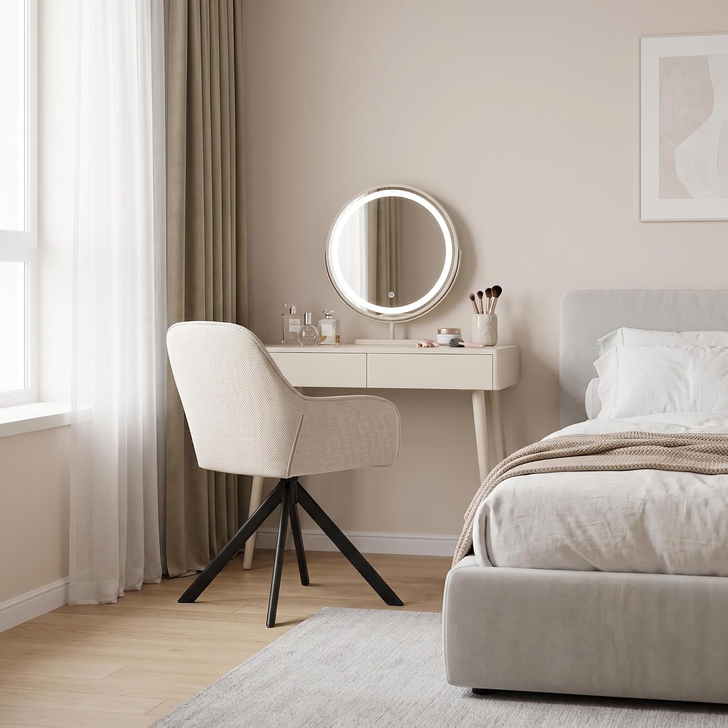 Esszimmerstühle Drehbar 4er Set mit Armlehne, 360° drehbar, Polsterstuhl Leinen, Drehstuhl Esszimmer Beige, Küchenstuhl mit Metallbeine für Esszimmer, Wohnzimmer, Büro