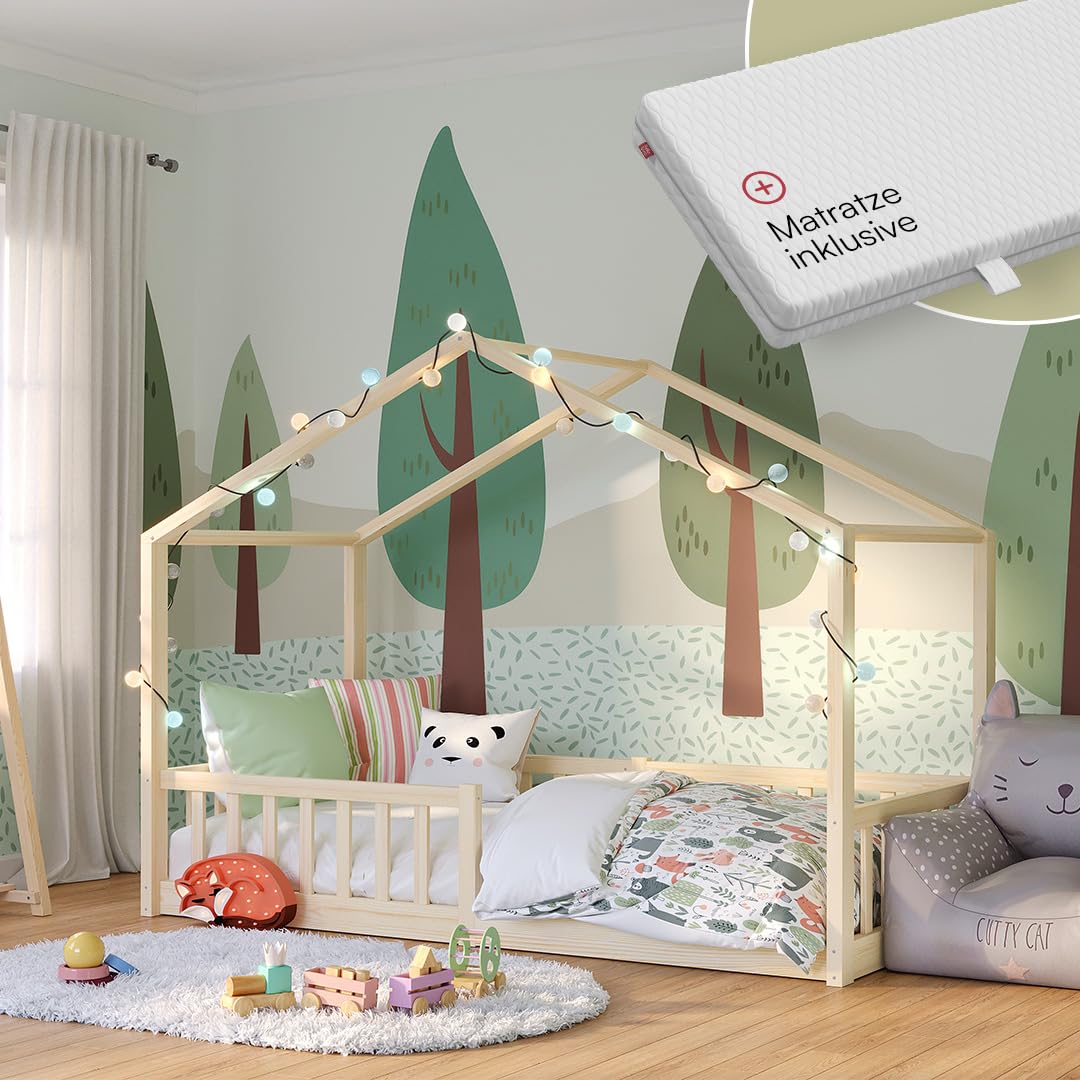 Bellabino Bia Kinderbett 120x200 cm, Bodenbett, Weiß, mit Rausfallschutz