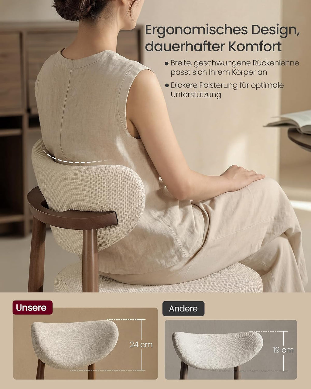 VASAGLE Esszimmerstuhl 4er Set, Küchenstuhl, Polsterstuhl mit Massivholzbeinen, ergonomische Rückenlehne, Aussparung als Griff, Mid-Century-Modern-Stil, Küche, cappuccinobeige KDC668L101-2J