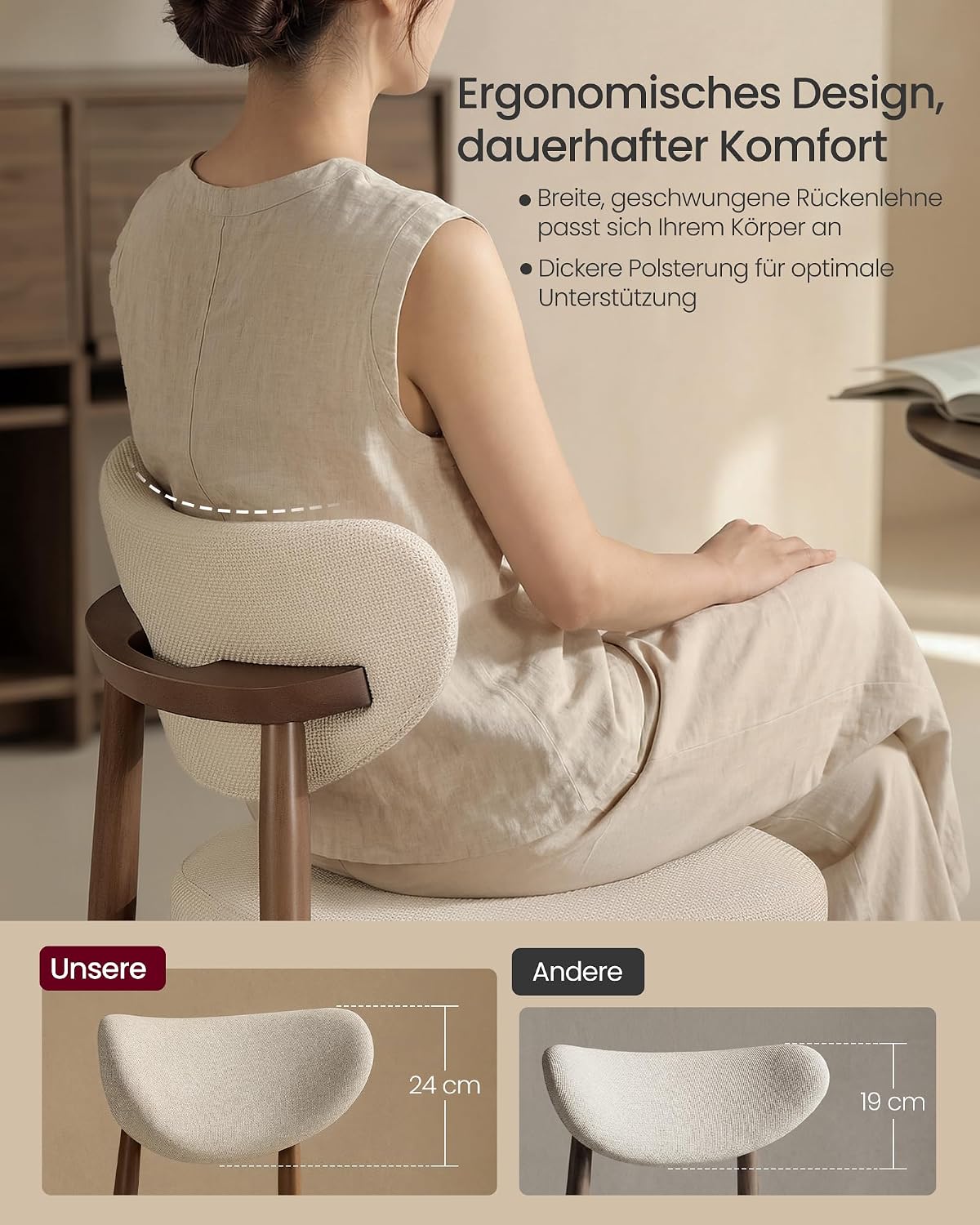 VASAGLE Esszimmerstuhl 4er Set, Küchenstuhl, Polsterstuhl mit Massivholzbeinen, ergonomische Rückenlehne, Aussparung als Griff, Mid-Century-Modern-Stil, Küche, cappuccinobeige KDC668L101-2J
