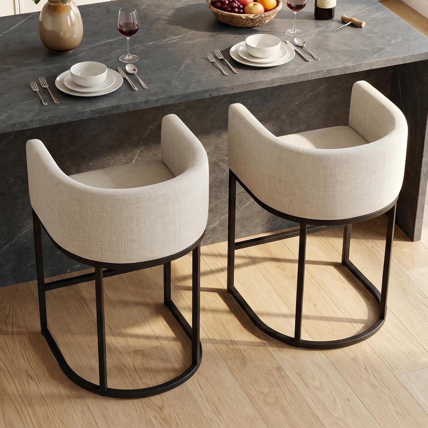 Barhocker 2er Set, 62 cm Leinen, Beige