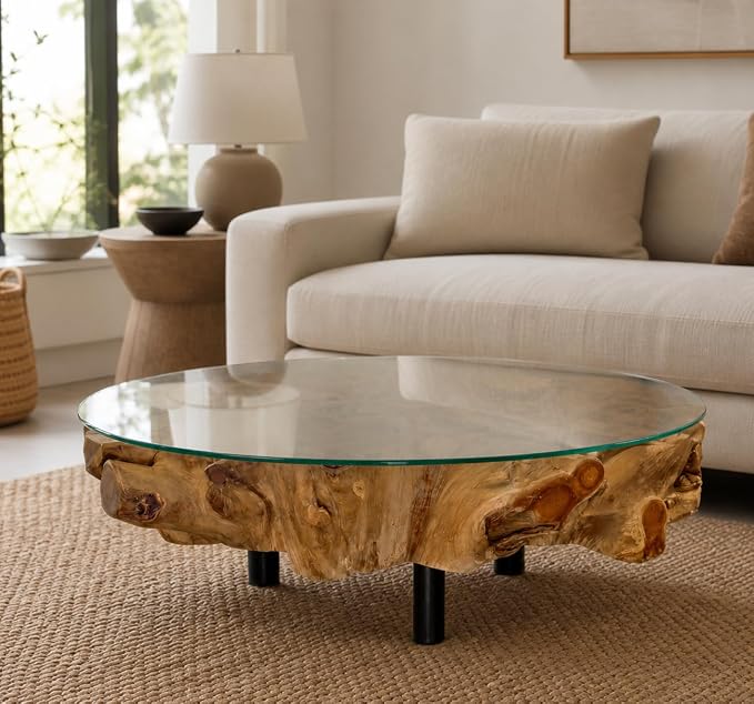 Bressmer NAGA Couchtisch Teakholz Wurzelholz Rund Ø100 cm – Massiver Wohnzimmertisch mit Sicherheitsglasplatte & Stahlfüßen