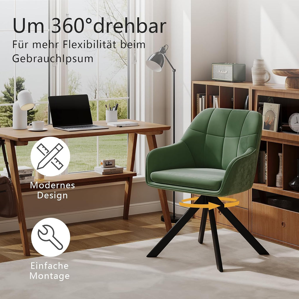 Drehstuhl Esszimmer 4er Set Samt Grün mit Armlehne Polsterstuhl Esszimmerstühle drehbar Küchenstuhl mit Metallbeine für Wohnzimmer Esszimmer