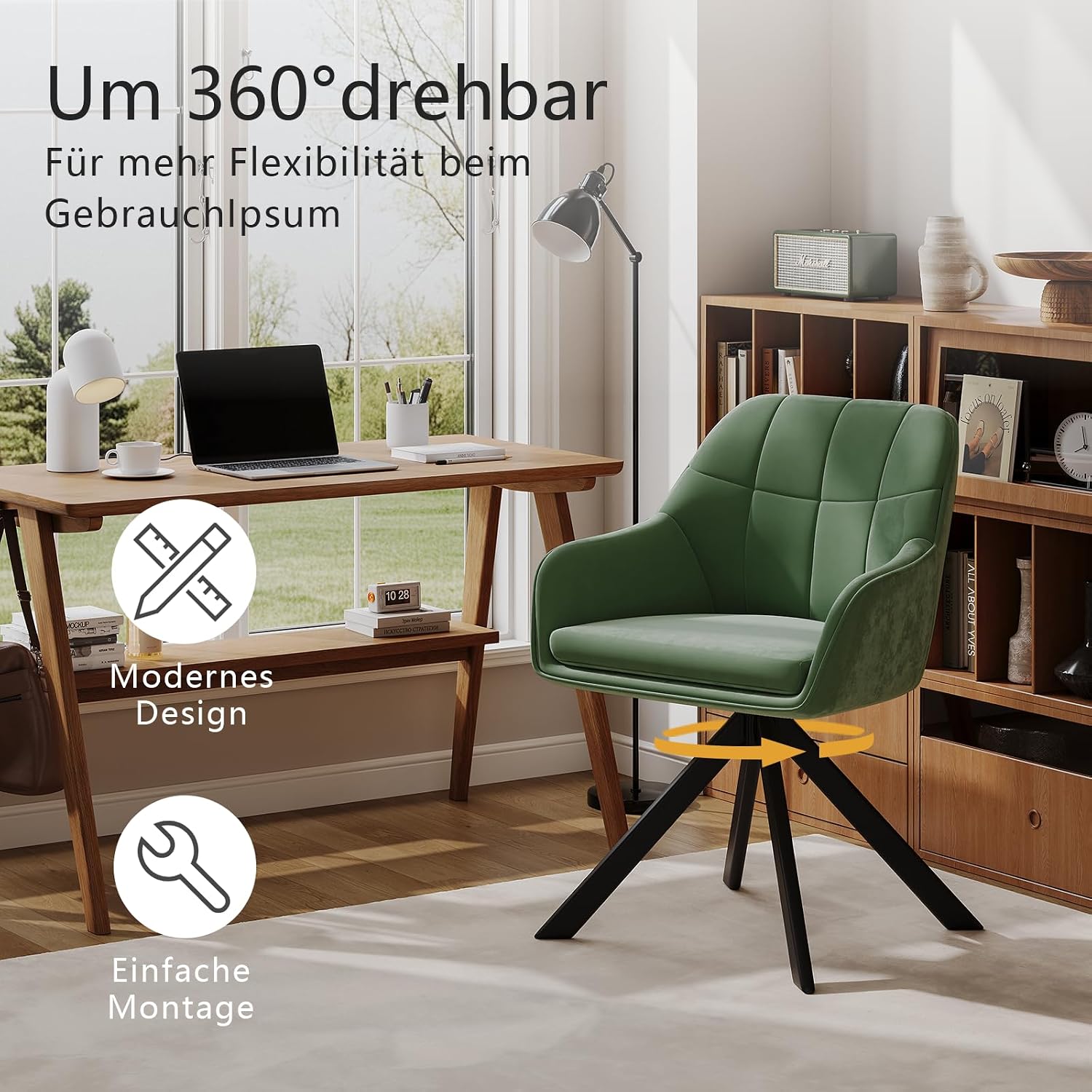 Drehstuhl Esszimmer 4er Set Samt Grün mit Armlehne Polsterstuhl Esszimmerstühle drehbar Küchenstuhl mit Metallbeine für Wohnzimmer Esszimmer