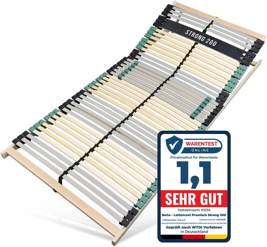 Lattenrost 140x200 Premium Strong bis 200Kg, Kopfteil verstellbar, 7-Zonen-Lattenrost mit 42 Latten, Made in Germany, extra stabil aus Buchenholz