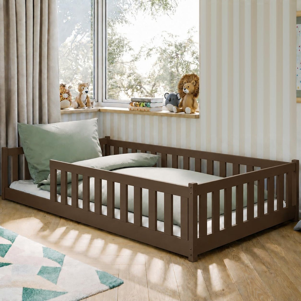 Kids Collective Kinderbett Bodenbett 120x200 cm Bett mit Rausfallschutz & Lattenrost Montessori Bett Bed Gitterbett Kinder Jugendbett Einzelbett | Natur Kiefer Holz massiv Junge Mädchen