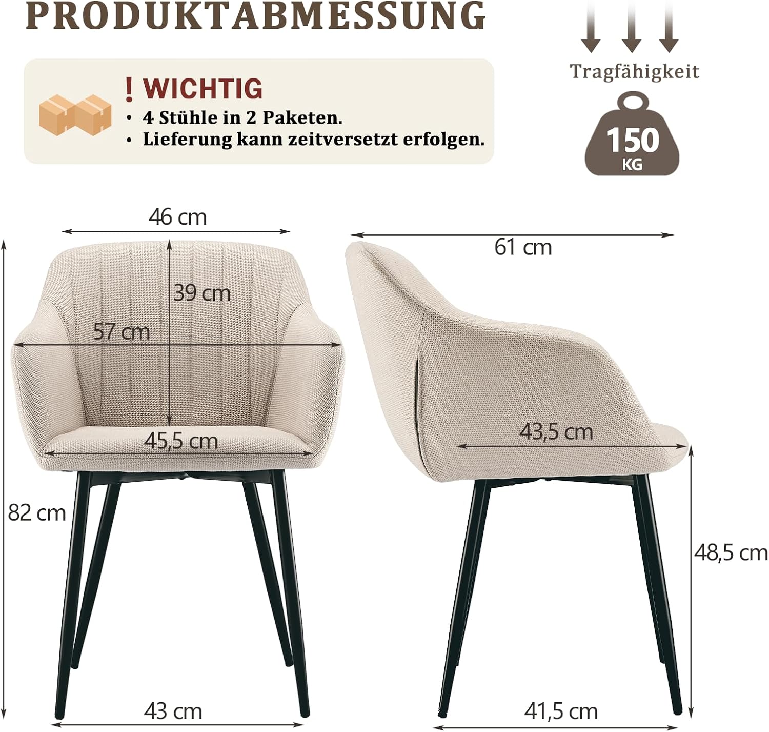 Esszimmerstühle Beige 4er Set mit Armlehnen, Modern Polsterstühle Leinen, Küchenstühle mit Metallgestell für Esszimmer, Wohnzimmer, Küche