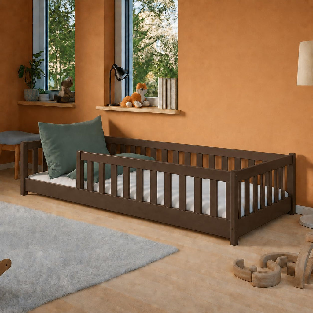 Kids Collective Kinderbett Bodenbett 120x200 cm Bett mit Rausfallschutz & Lattenrost Montessori Bett Bed Gitterbett Kinder Jugendbett Einzelbett | Natur Kiefer Holz massiv Junge Mädchen