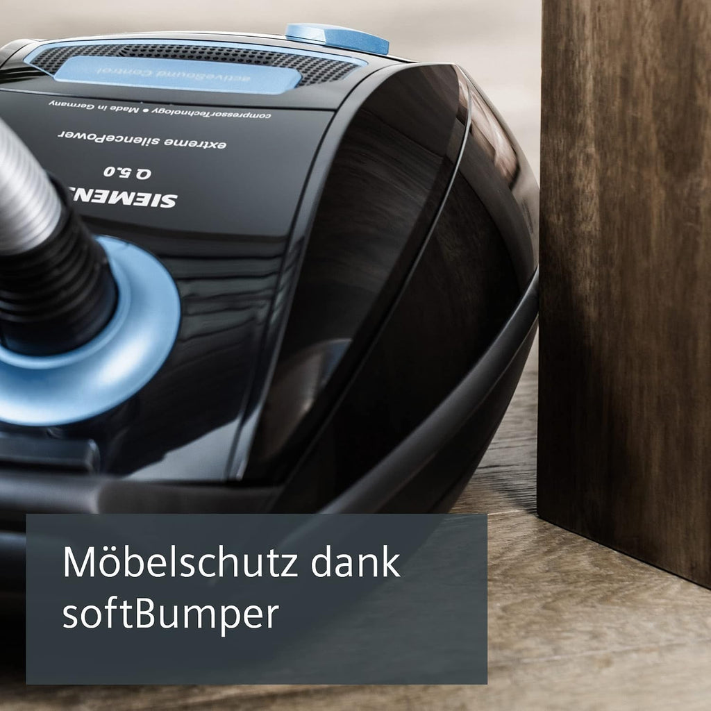 Siemens Staubsauger mit Beutel Q5.0 extreme silencePower VSQ5X1230, ideal für Allergiker, Hygiene-Filter, starke Saugleistung, Bodendüse für Parkett, Teppich, Fliesen, langes Kabel, 850 W, schwarz