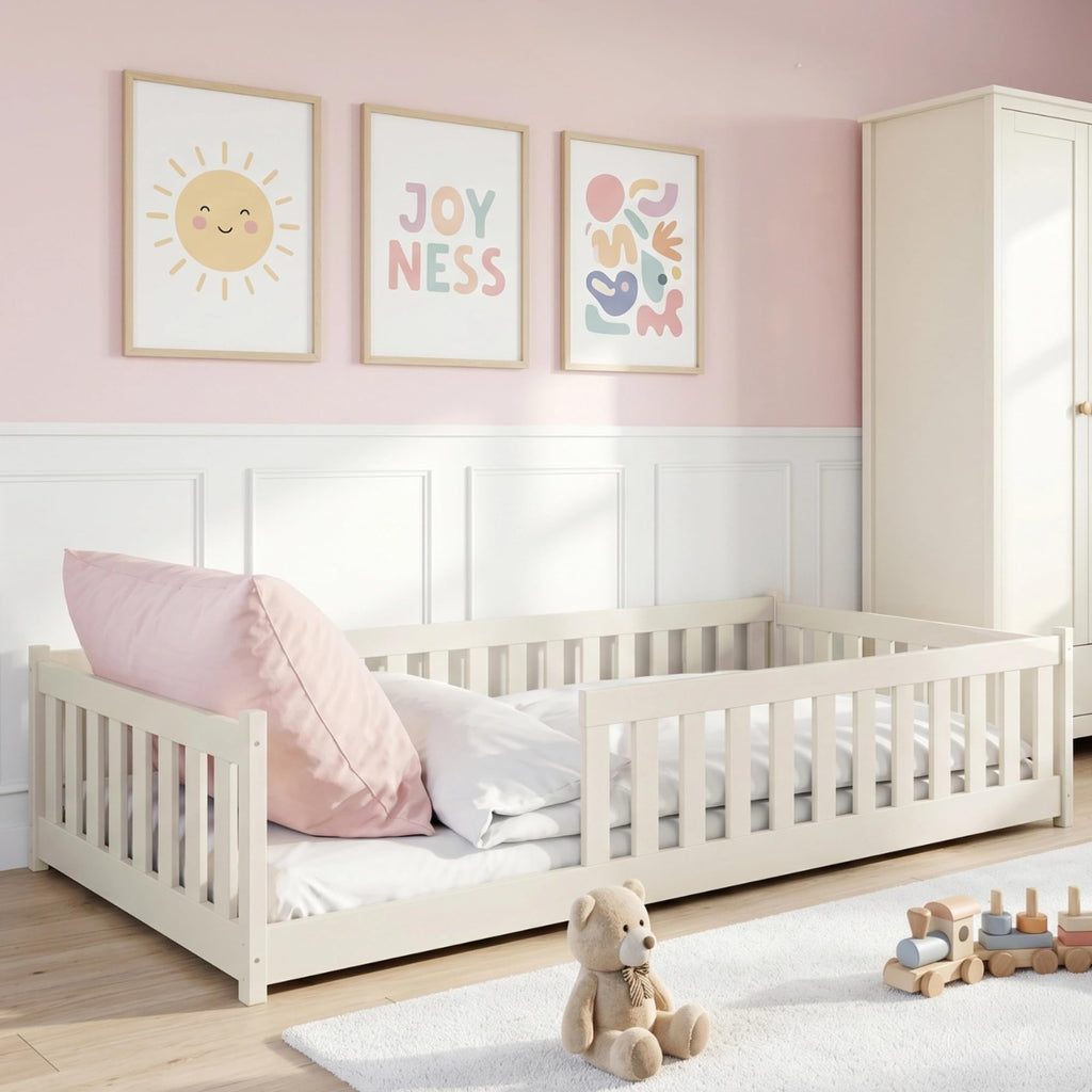 Kids Collective Kinderbett Bodenbett 120x200 cm Bett mit Rausfallschutz & Lattenrost Montessori Bett Bed Gitterbett Kinder Jugendbett Einzelbett | Natur Kiefer Holz massiv Junge Mädchen