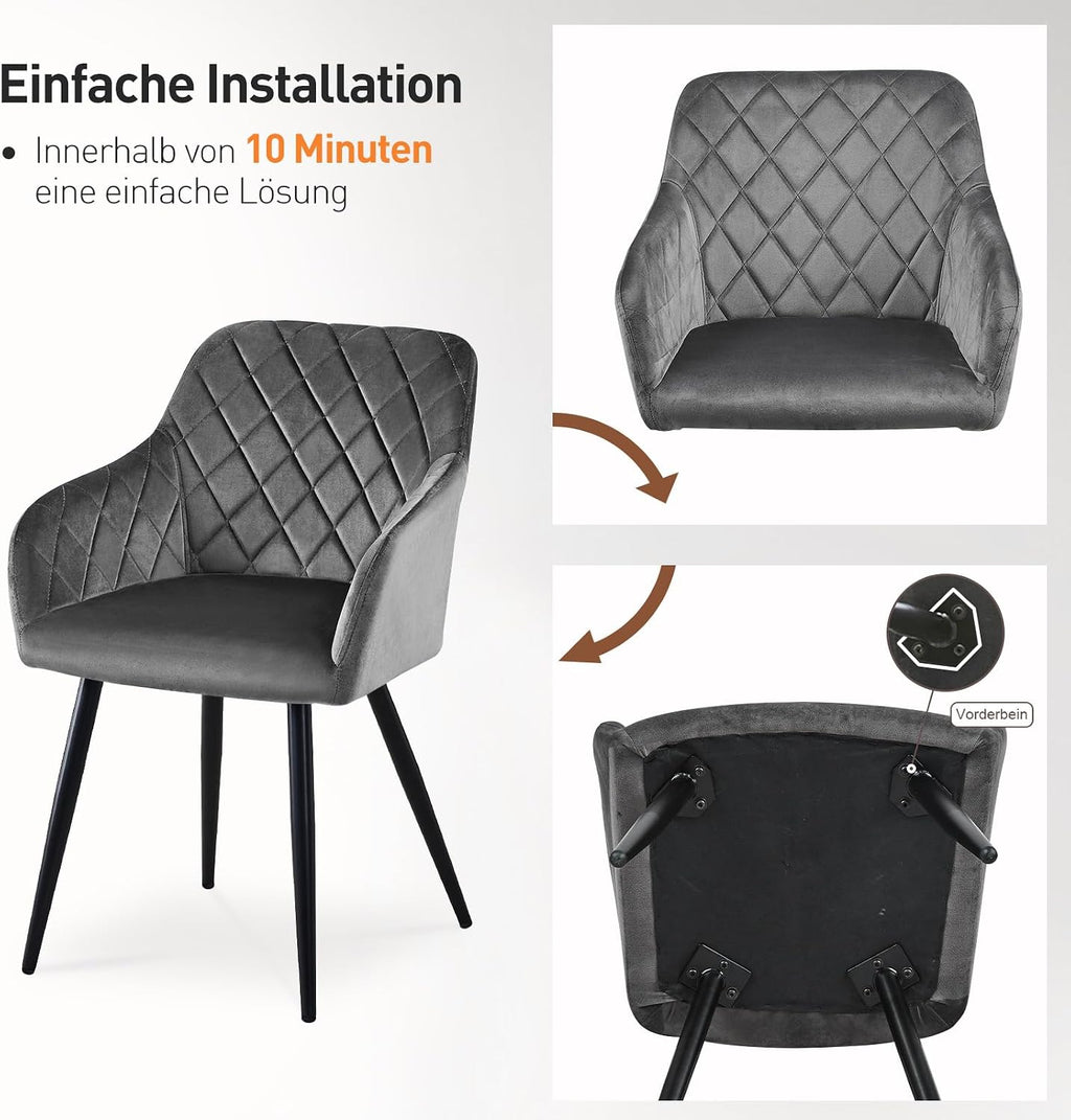 CLIPOP Esszimmerstühle 2er Set, Küchenstühle Grau Samtstoff stühle Polsterstühle mit Armlehne Metallbeine Polstersessel Stühle für Esszimmer Küche (2, Samt Grau)
