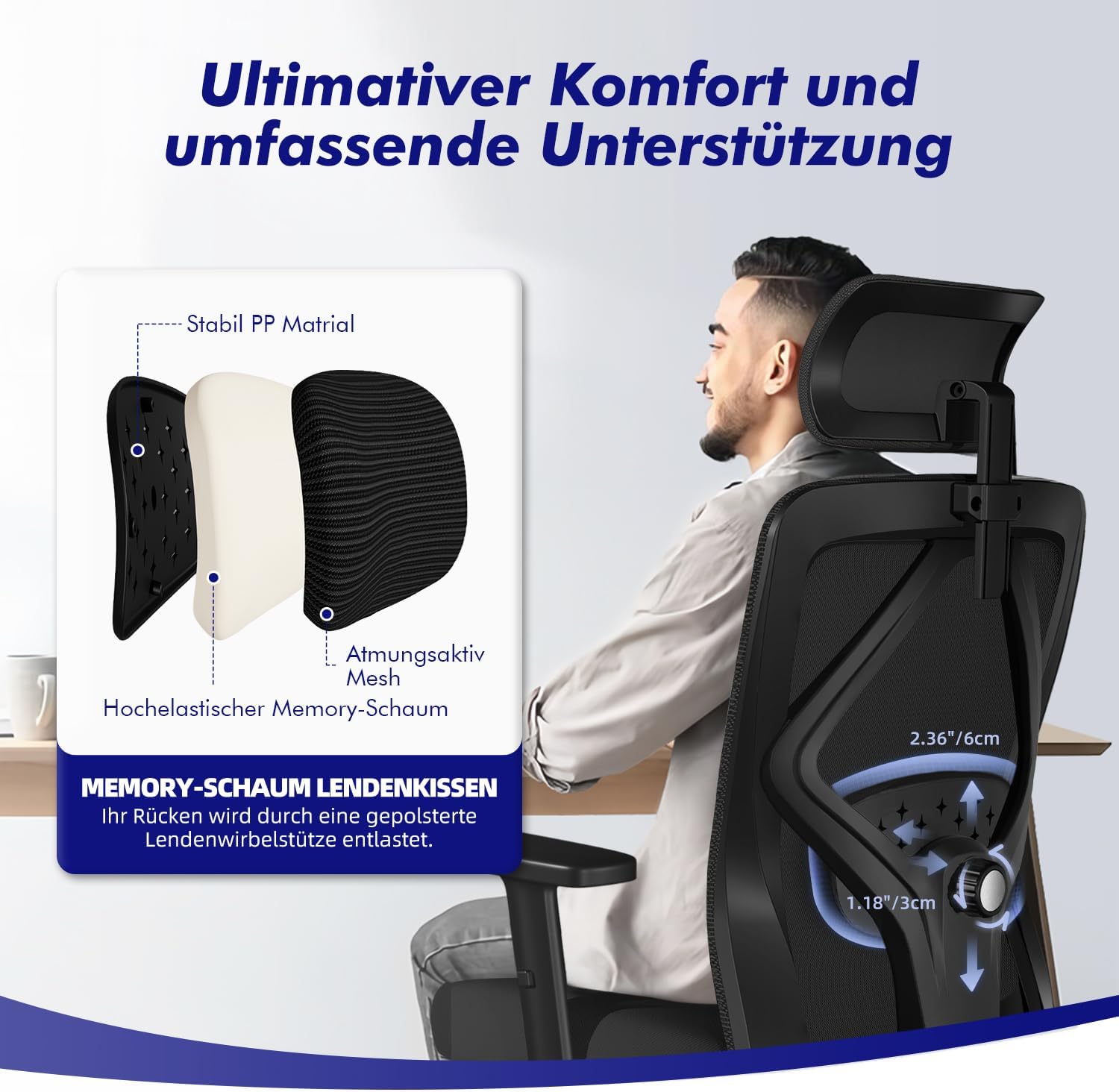 Daccormax Bürostuhl, Bürostuhl Ergonomisch Schreibtischstuhl mit Verstellbaren Armlehnen, Kopfstütze und weiche Lendenstütze aus Naturschwamm, Chefsessel Drehstuhl Wippfunktion 200kg, Schwarz