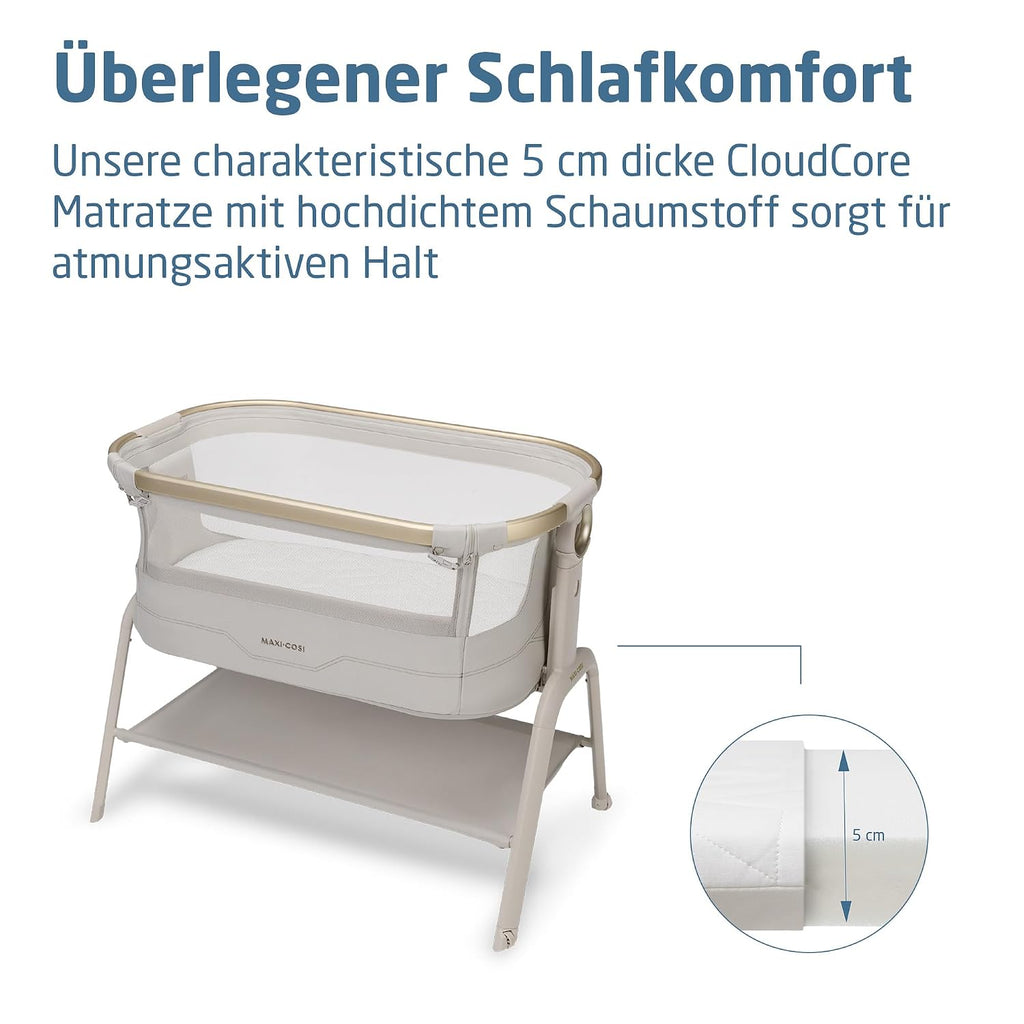 Maxi Cosi Iora² Baby Stubenbett, 0–6 kg (9 kg), Klappbares und Leichtes Beistellbett Baby, 5 cm CloudCore-Matratze, 5 Höhenstufen, 2 Leichtgängige Rollen, Easy Slide, Elegance Beige