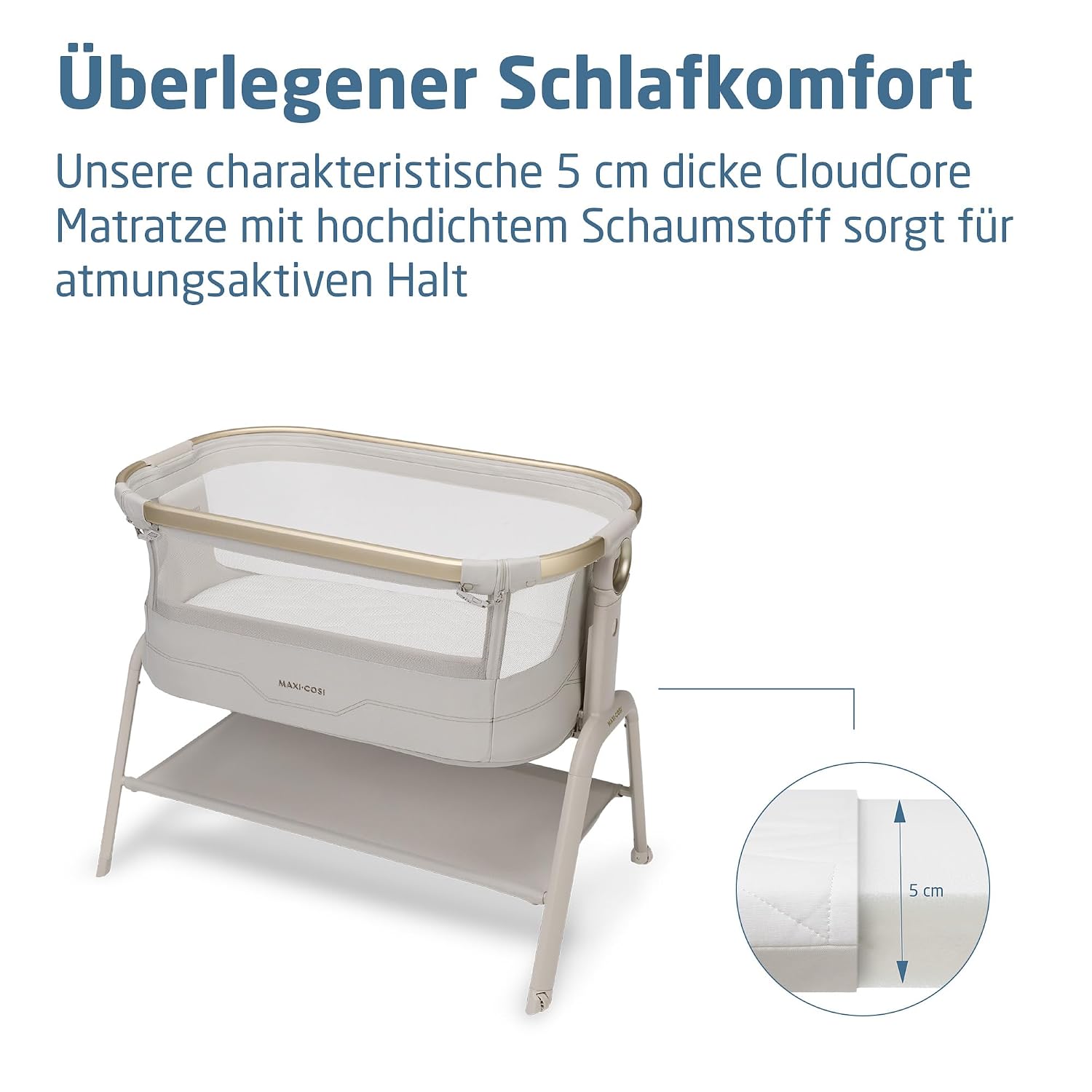 Maxi Cosi Iora² Baby Stubenbett, 0–6 kg (9 kg), Klappbares und Leichtes Beistellbett Baby, 5 cm CloudCore-Matratze, 5 Höhenstufen, 2 Leichtgängige Rollen, Easy Slide, Elegance Beige