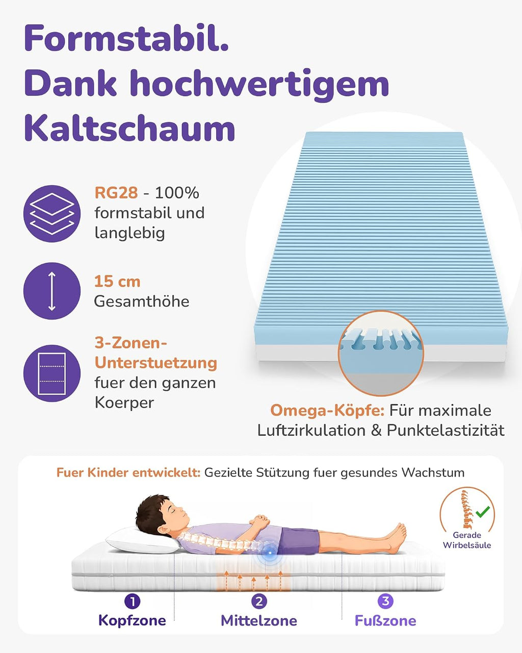 Sun Garden Kindermatratze 90x200 cm, 3-12 Jahre, 15 cm Komfortschaum RG28