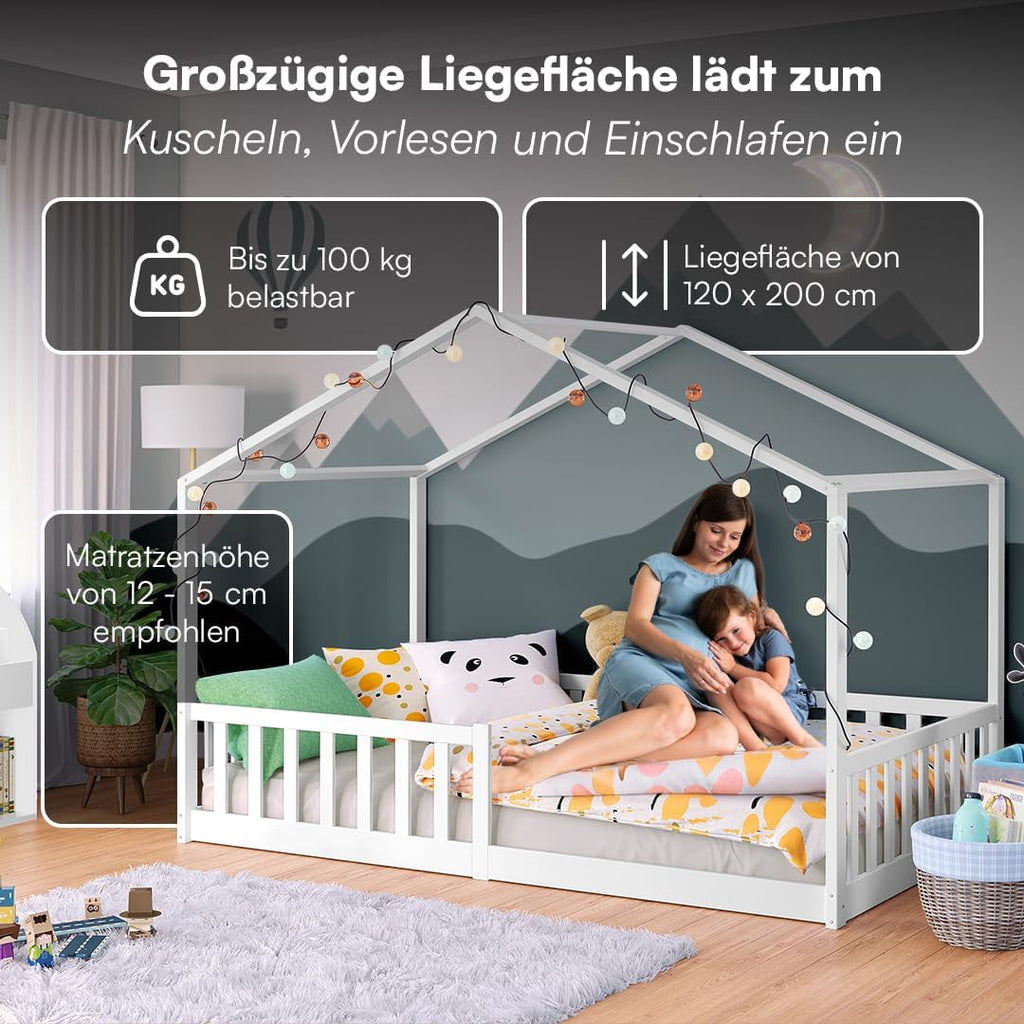 Bellabino Bia Kinderbett 120x200 cm, Bodenbett, Weiß, mit Rausfallschutz