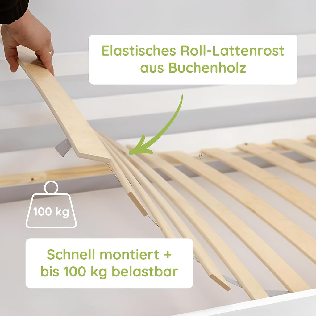 Kids Collective Kinderbett Bodenbett 120x200 cm Bett mit Rausfallschutz & Lattenrost Montessori Bett Bed Gitterbett Kinder Jugendbett Einzelbett | Natur Kiefer Holz massiv Junge Mädchen