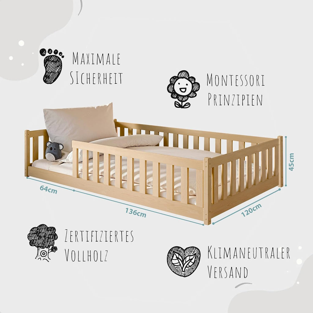 Kids Collective Kinderbett Bodenbett 120x200 cm Bett mit Rausfallschutz & Lattenrost Montessori Bett Bed Gitterbett Kinder Jugendbett Einzelbett | Natur Kiefer Holz massiv Junge Mädchen
