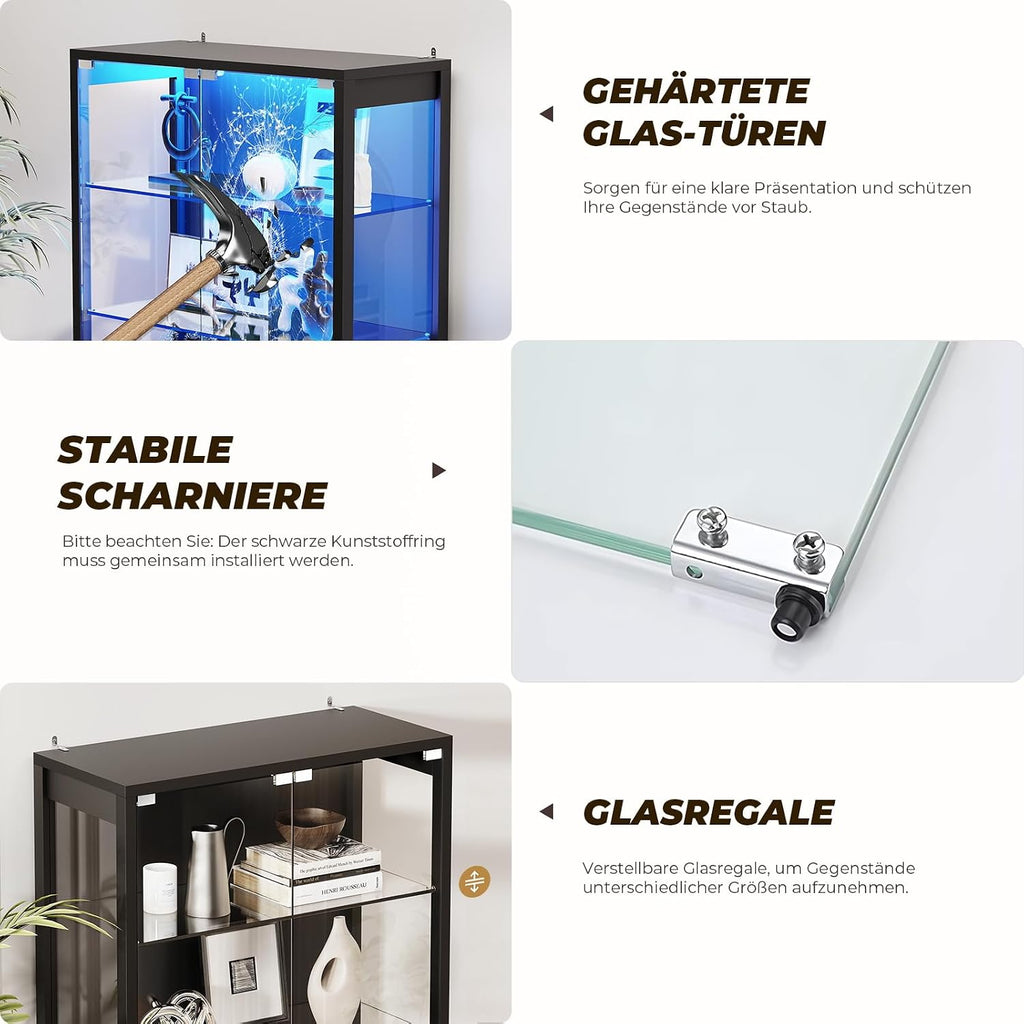 BROTTAR Vitrine mit Glastür, 6-stufige 180cm Vitrine mit 3 Farblichten für Sammlerstücke, Vitrine mit verstellbaren Glasträgern, Körperkensorsensor, Aufbewahrungsschränke, Schwarz